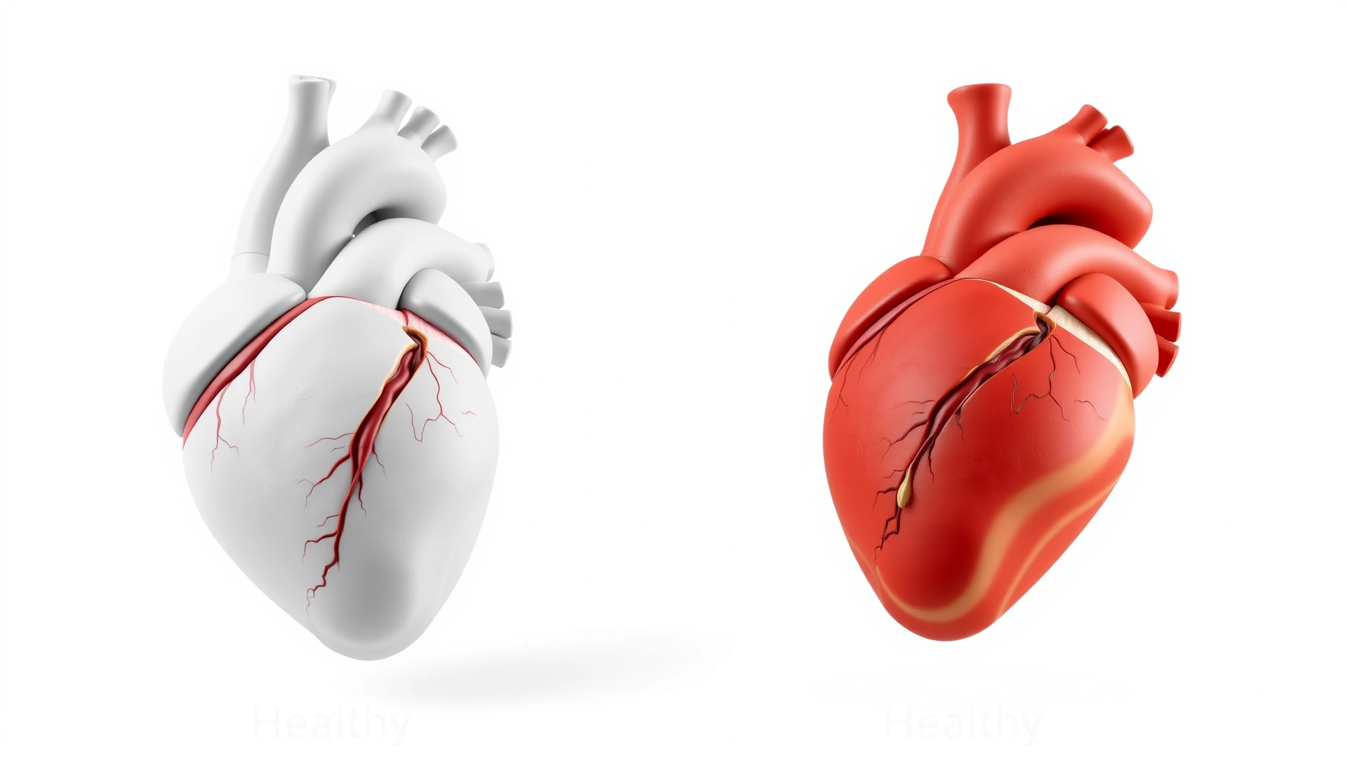 3D illustration of a healthy vs enlarged feline heart side by side on a clean white background, no text