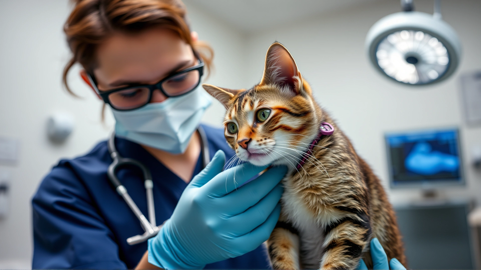 Medium shot of a veterinarian gently holding a cat while preparing it for a cardiac ultrasound in a well-lit clinic room