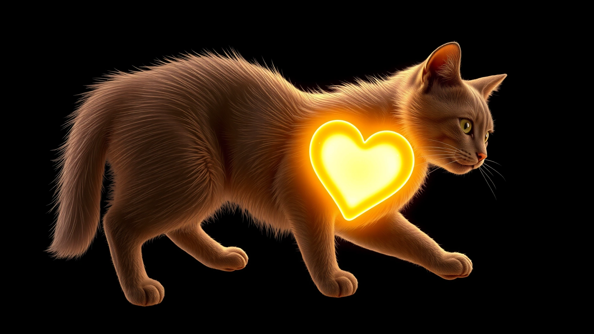 Detailed 3D style illustration showing a glowing cat heart inside the translucent outline of a cat’s chest, dark background, no text.