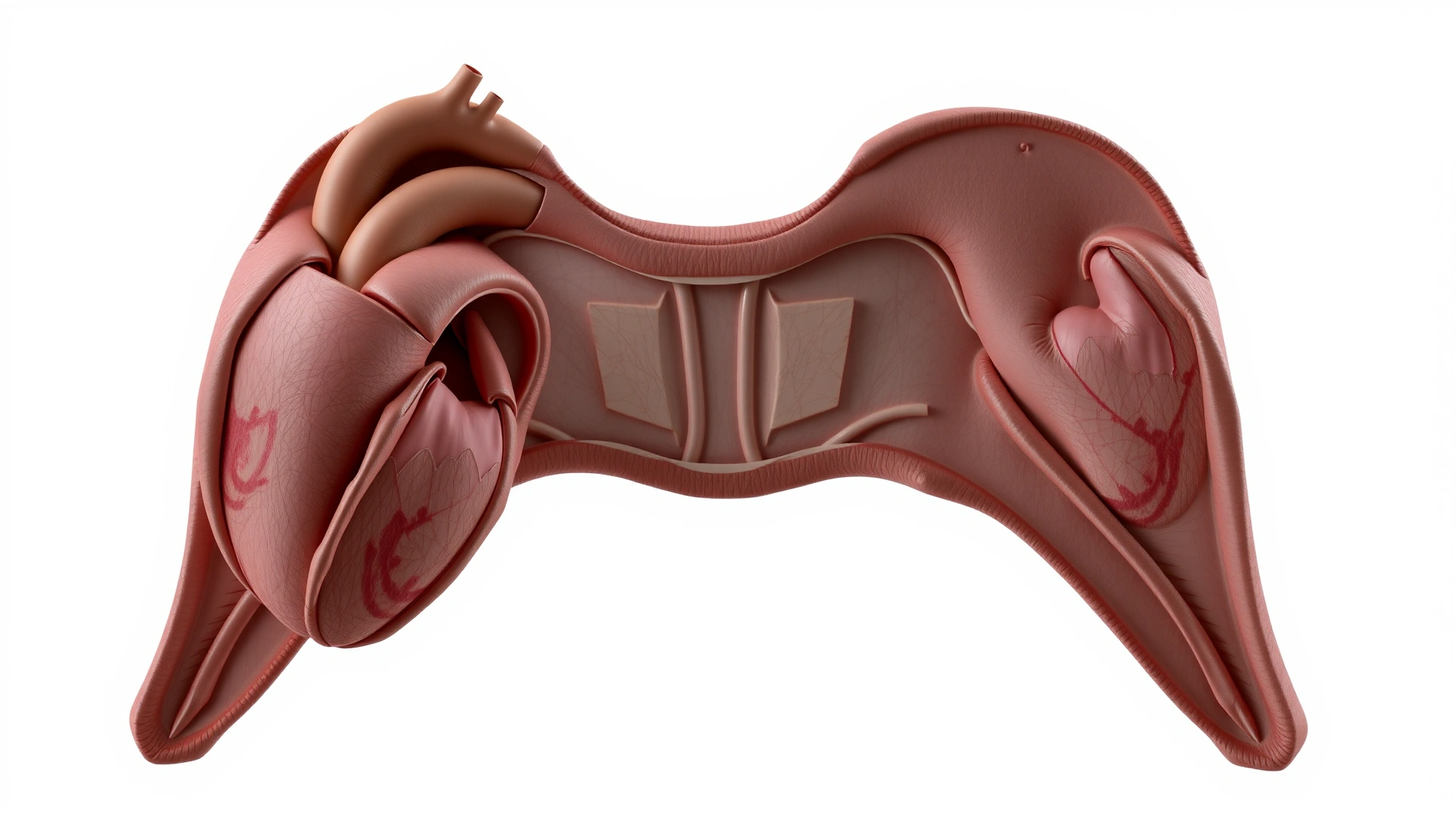 Realistic 3D rendered anatomical image of a cat heart without text or labels, showing inner layers and ventricles on a white background.