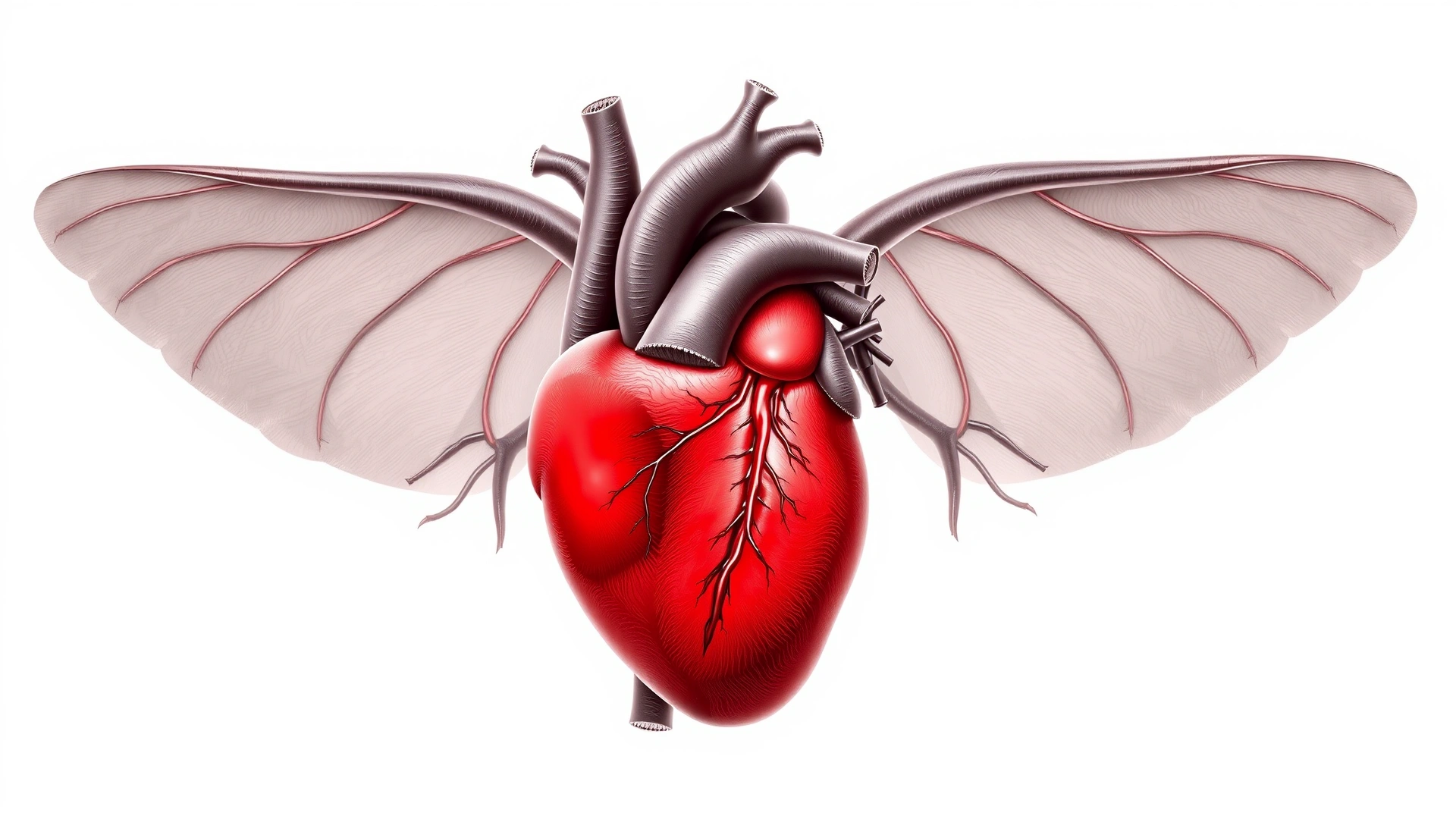 High-quality medical illustration of a cat's heart highlighting the myocardium in red, white background, vector style
