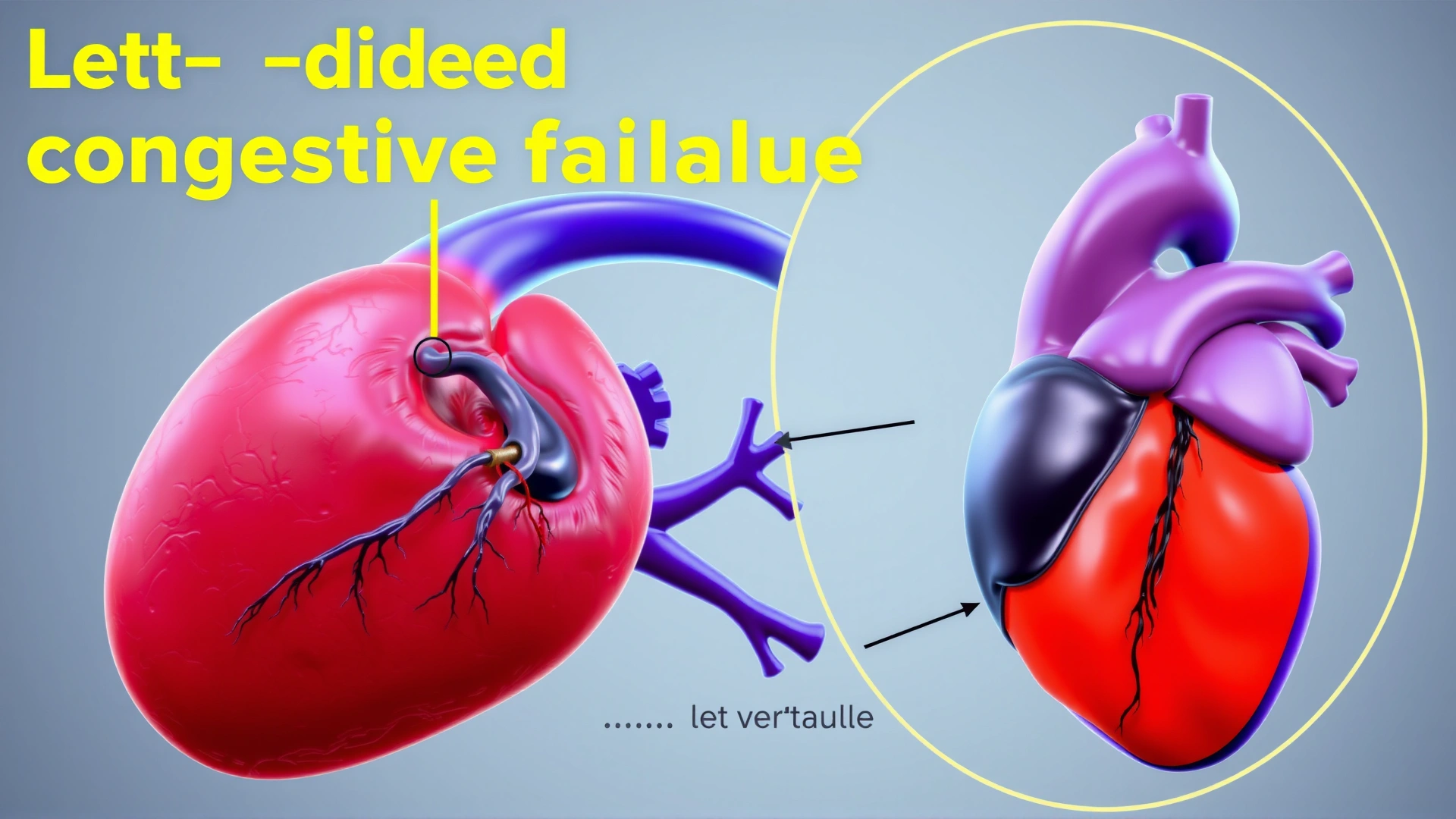 Detailed 3D medical illustration of a feline heart highlighting left-sided congestive heart failure with fluid accumulation and enlarged left ventricle, transparent background, bright colors.