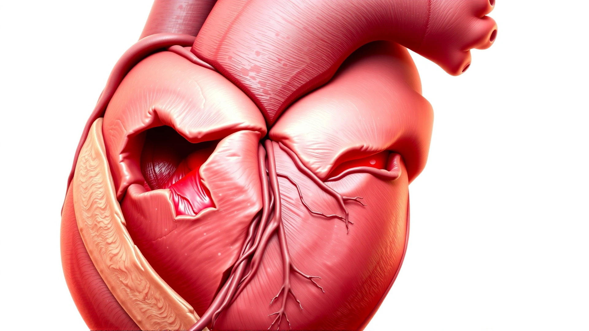 Detailed digital illustration showing a cat’s heart anatomy with highlighted atrial and ventricular septal defects, no text, clean white background