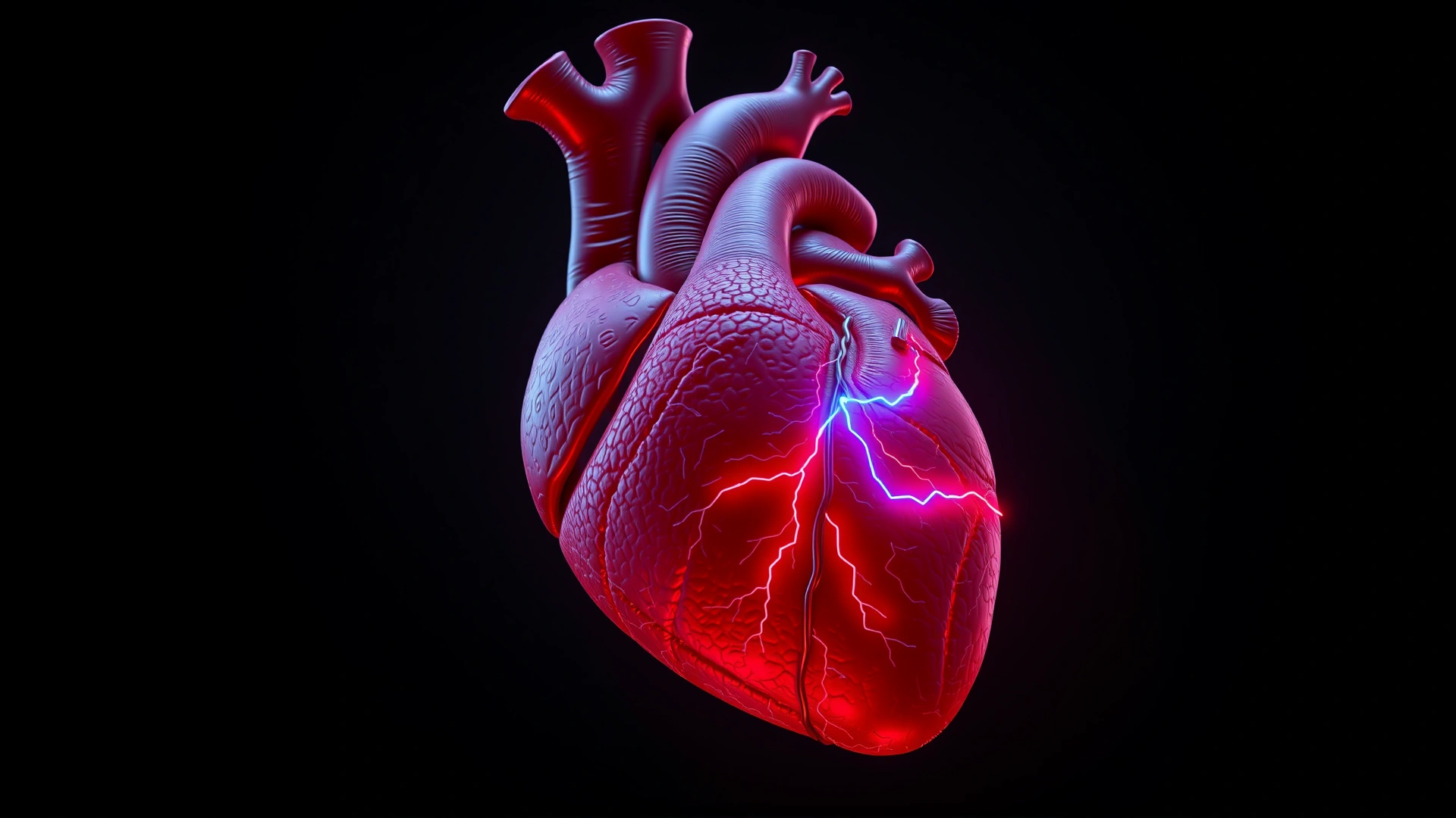Creative 3D style illustration of a cat heart glowing in red and blue to emphasize an abnormal accessory electrical pathway, no labels or text.