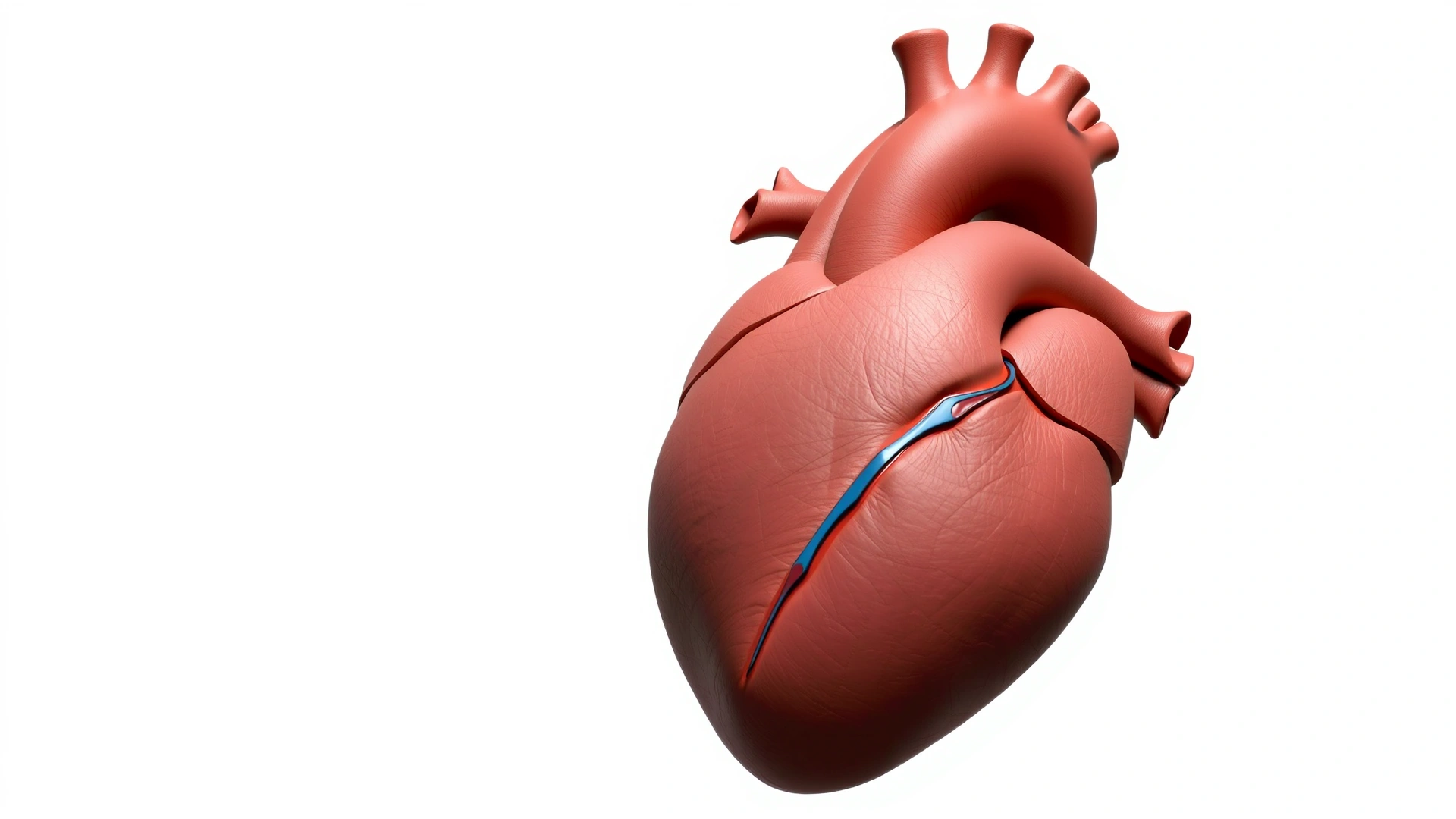 Artistic 3D illustration of an anatomically accurate cat heart highlighting the right atrium without any text labels, on a plain white background.