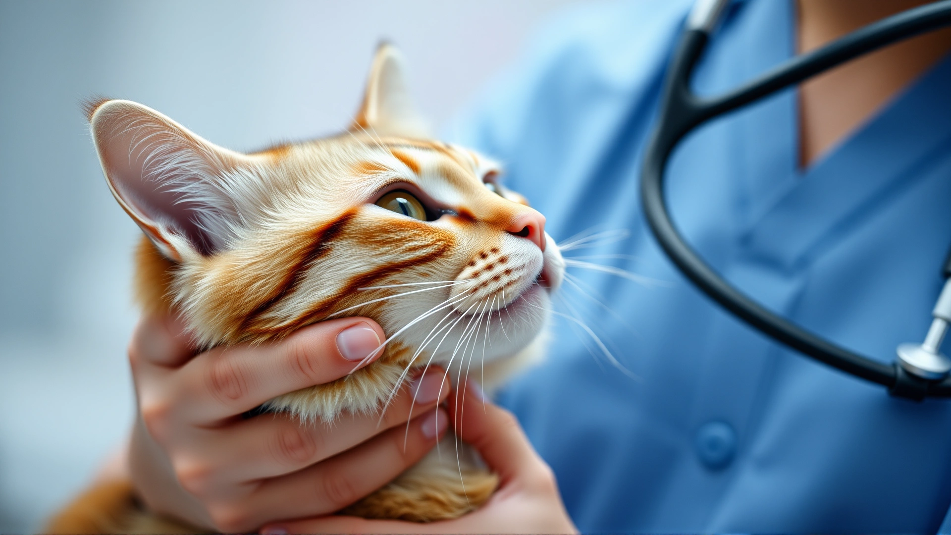 Close-up of a veterinarian using a stethoscope to listen to a cat's chest during a routine clinical exam, shallow depth of field