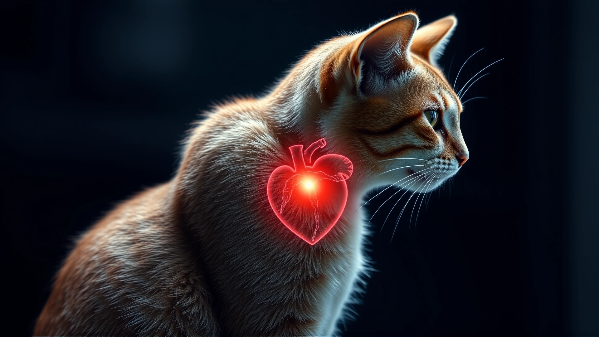 Artistic yet realistic side-profile photo of a domestic shorthair cat with a semi-transparent glowing illustration of the cat's heart area, dark blurred background, medical concept, high detail