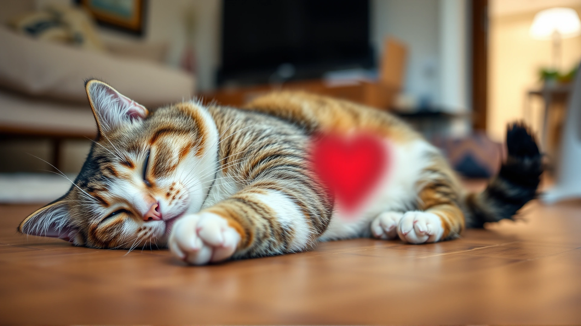 A relaxed adult domestic cat lying comfortably on its side on a living room floor, shallow depth of field focusing on the chest area to imply heart activity.