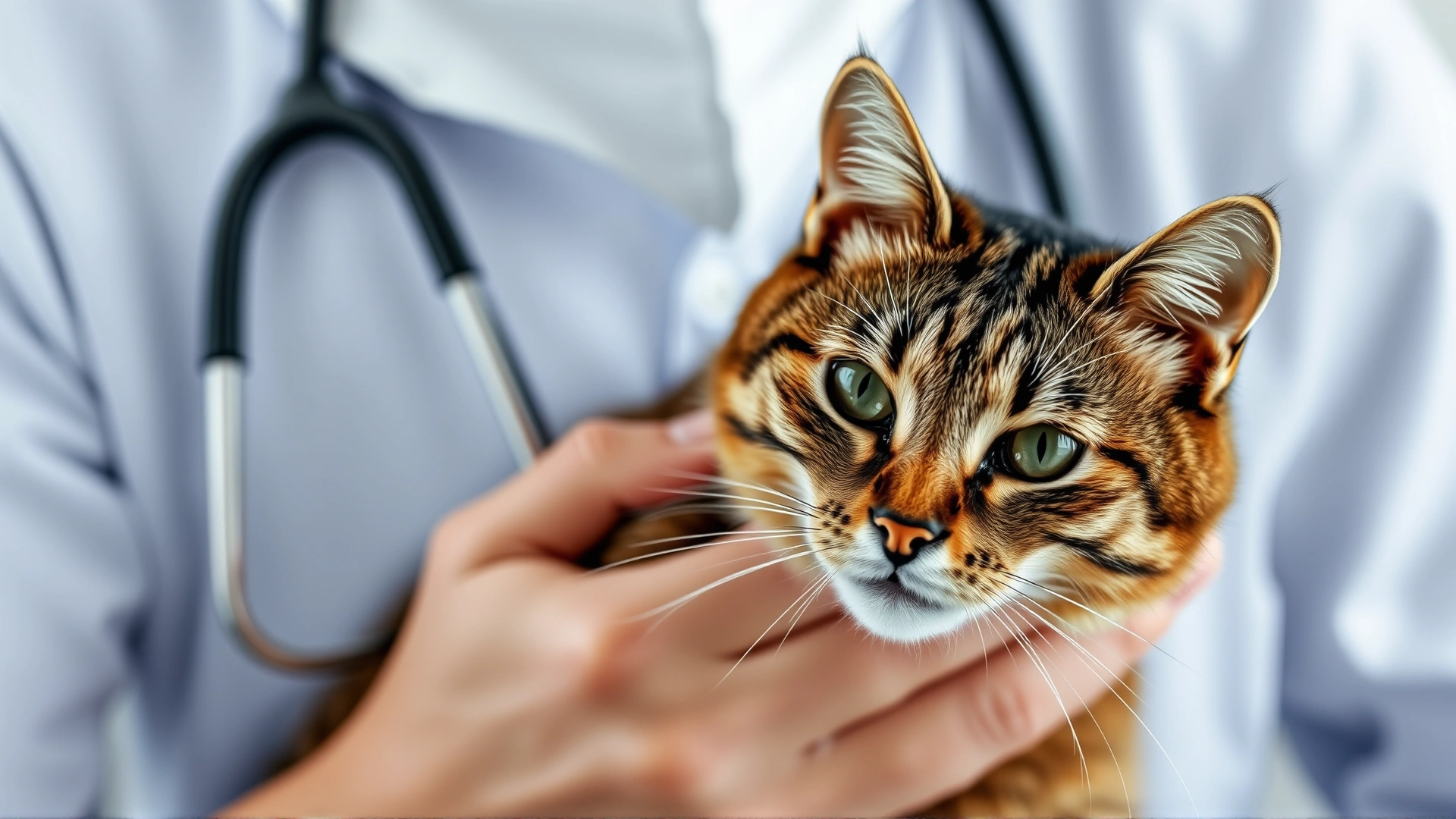Close-up portrait of a concerned veterinarian gently holding a tabby cat while listening to its chest with a stethoscope, clinic background softly blurred.