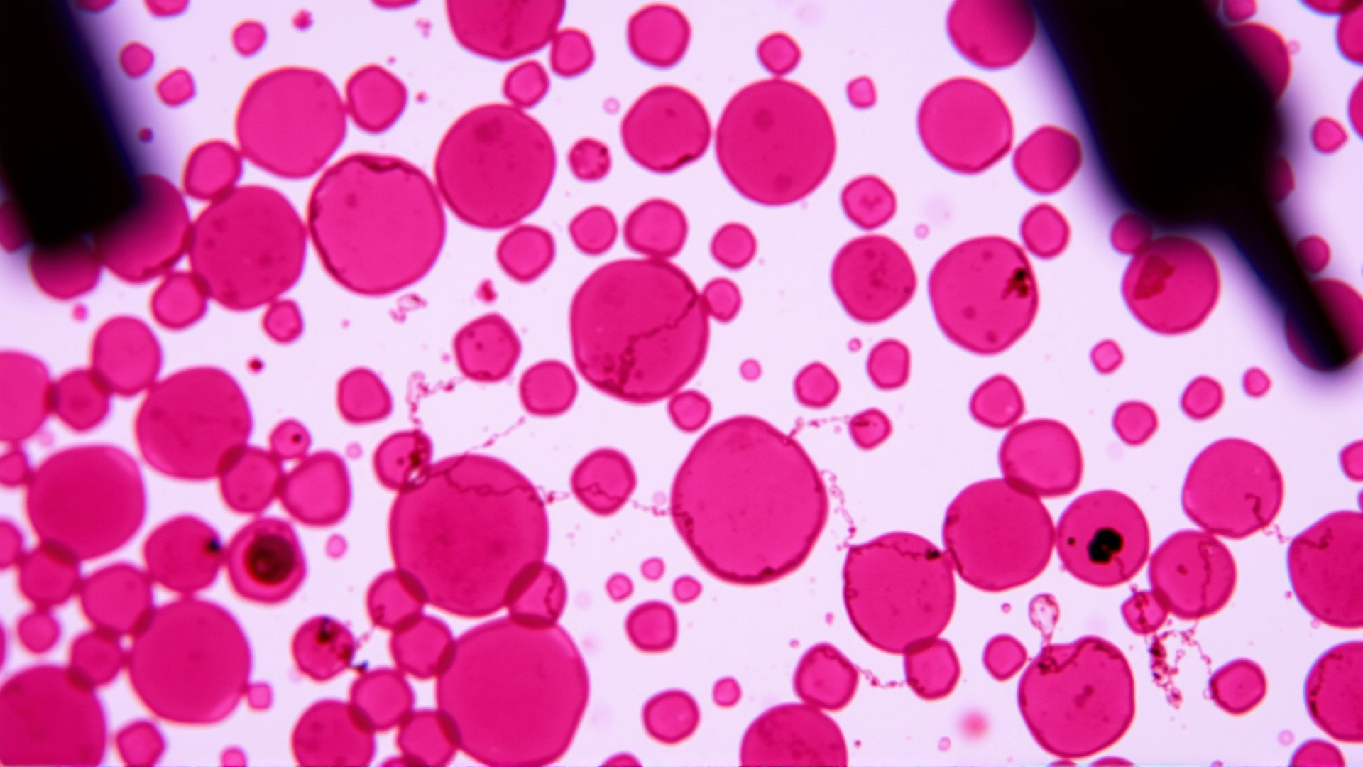 Macro shot of a feline blood smear under a microscope displaying numerous red blood cells, illustrating increased RBC count.