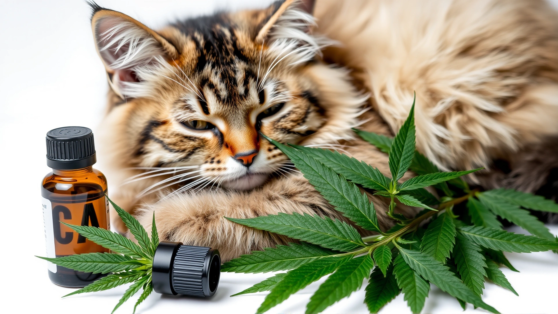 Domestic cat lounging beside fresh hemp leaves and a small CBD oil bottle on a white background
