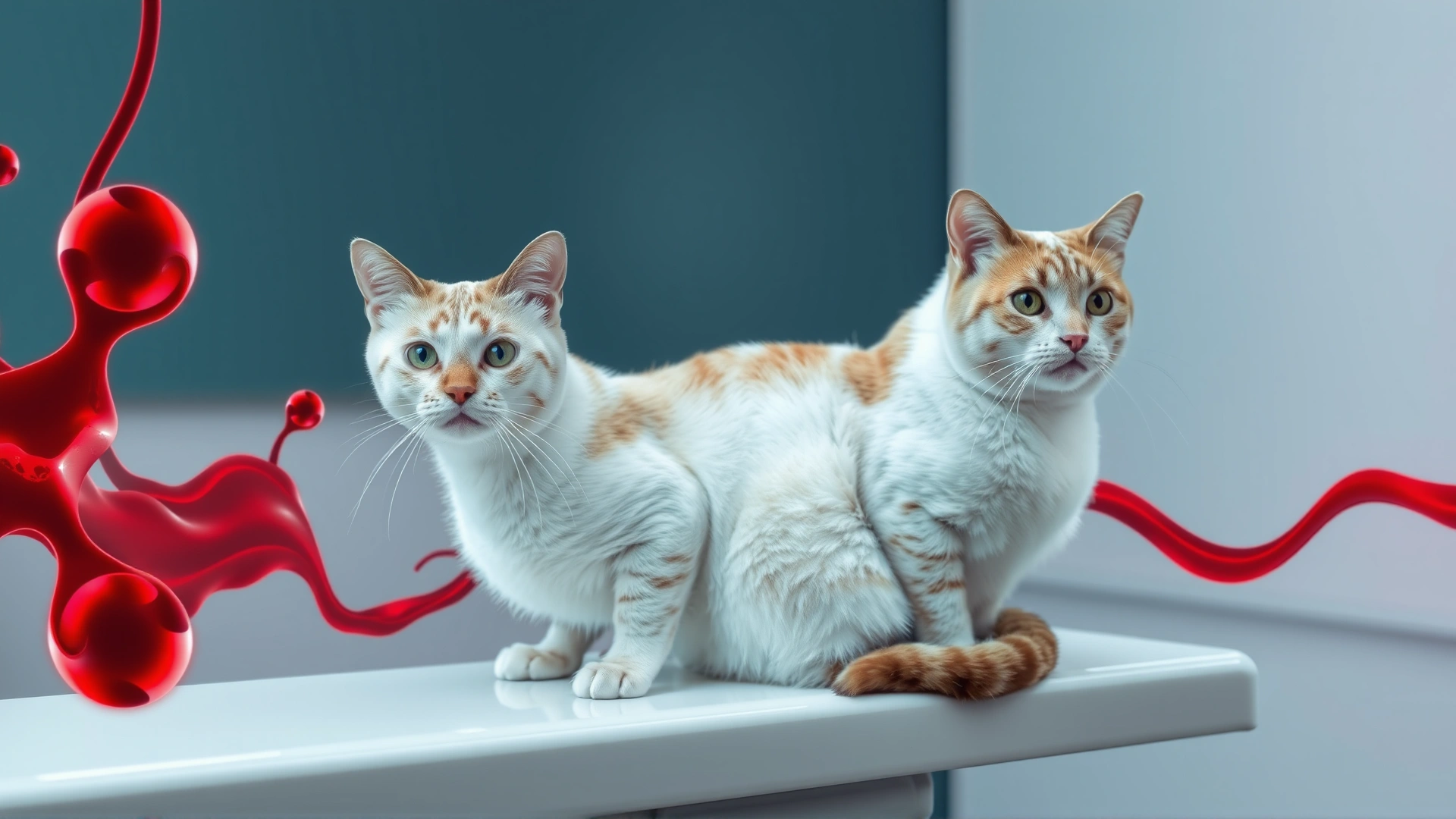 Full-body image of a healthy adult cat sitting calmly on a white examination table with a subtle red overlay texture representing bloodstream, illustrating the article’s main theme of blood viscosity.