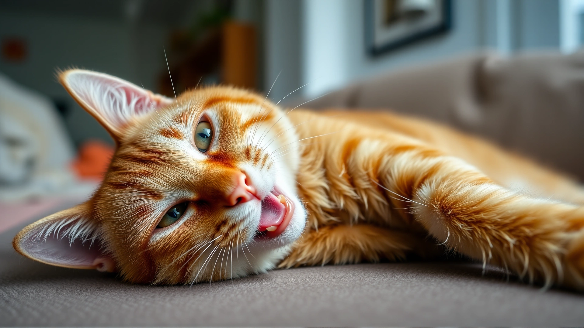 Wide shot of a relaxed orange tabby cat lounging on a sofa, head tilted slightly upward with mouth half-open, revealing tiny teeth; soft home lighting, cozy background.