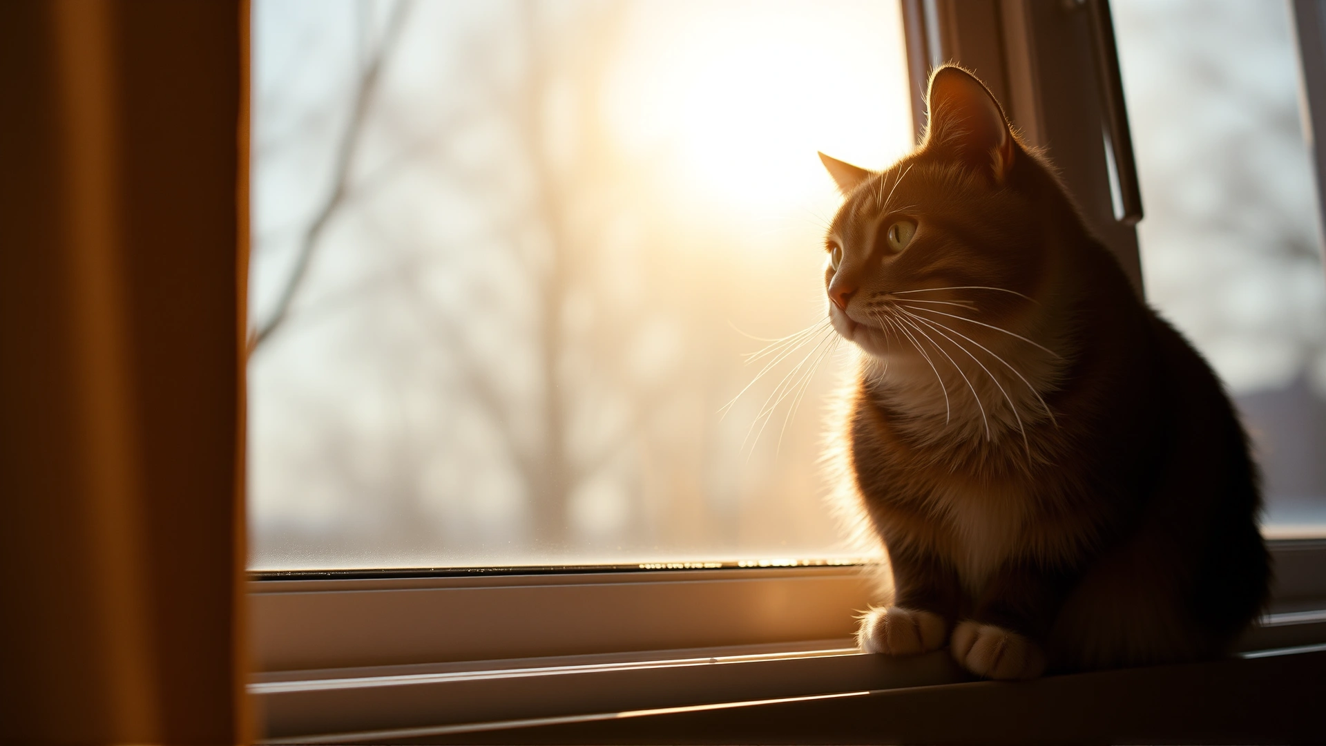 Wide-angle shot of a cat sitting on a windowsill at sunrise with soft golden light illuminating its head, suggesting contemplation, high quality, no text
