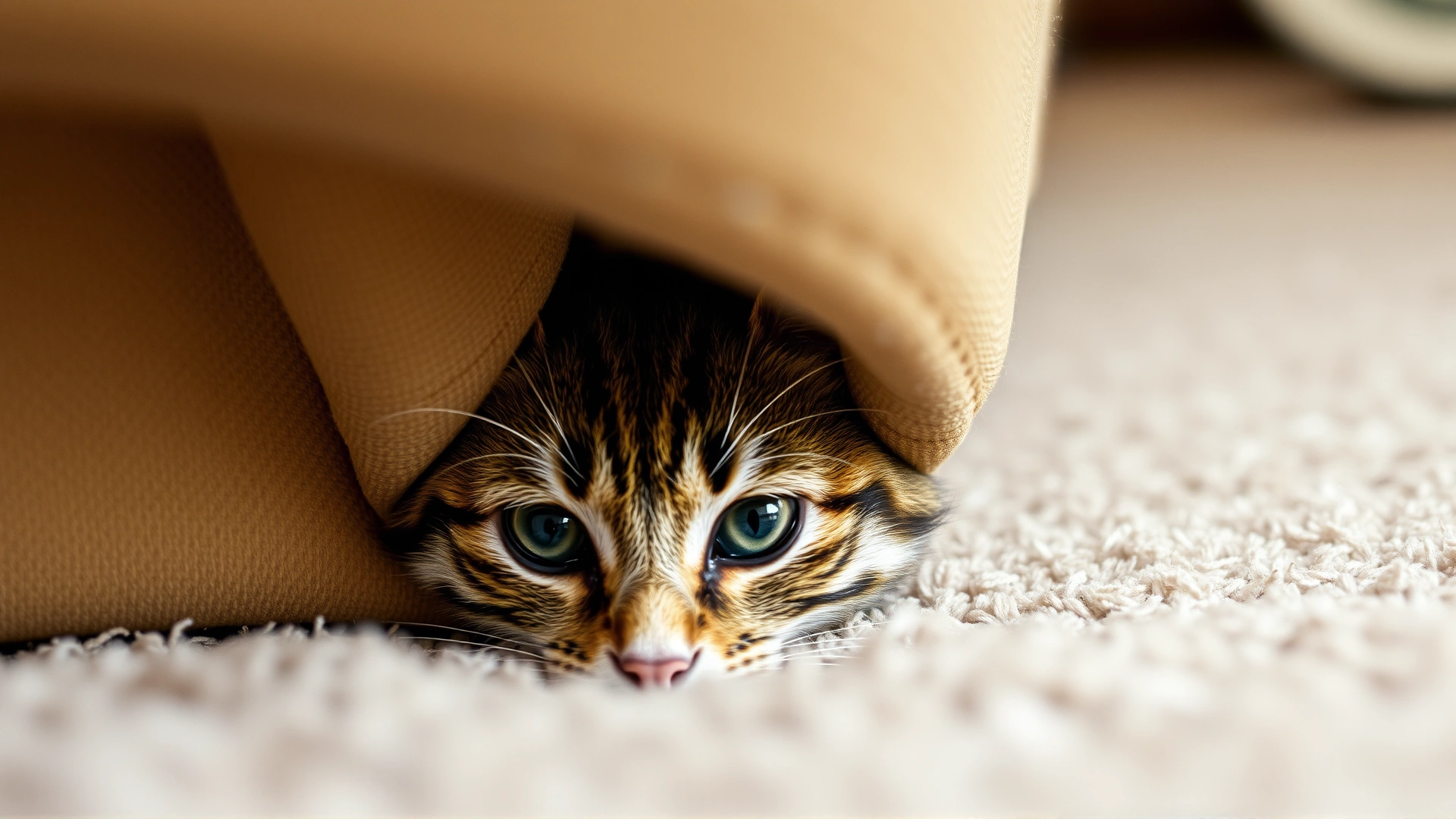A tabby cat peeking out from under a sofa, illustrating a hiding behavior.