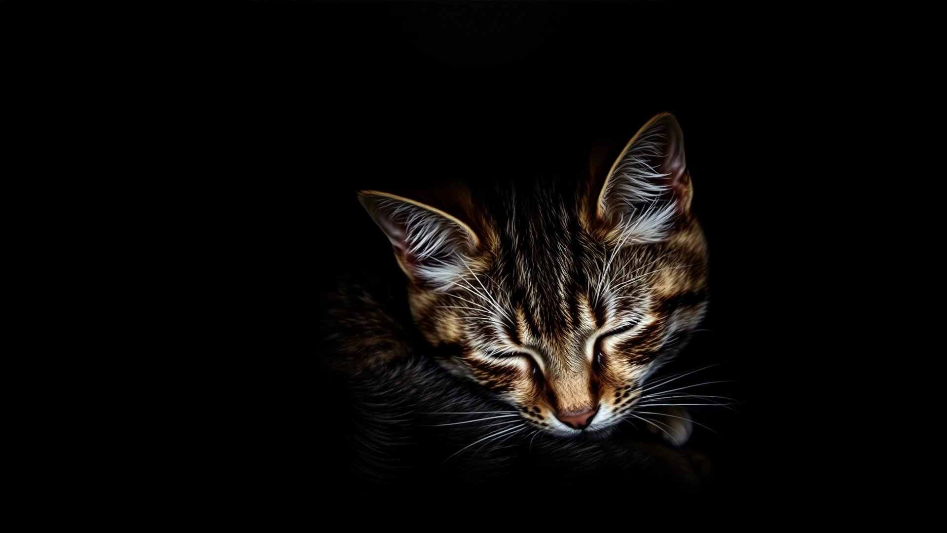 Cat curled up inside a dark closet or under furniture, barely visible, symbolizing hiding behavior.