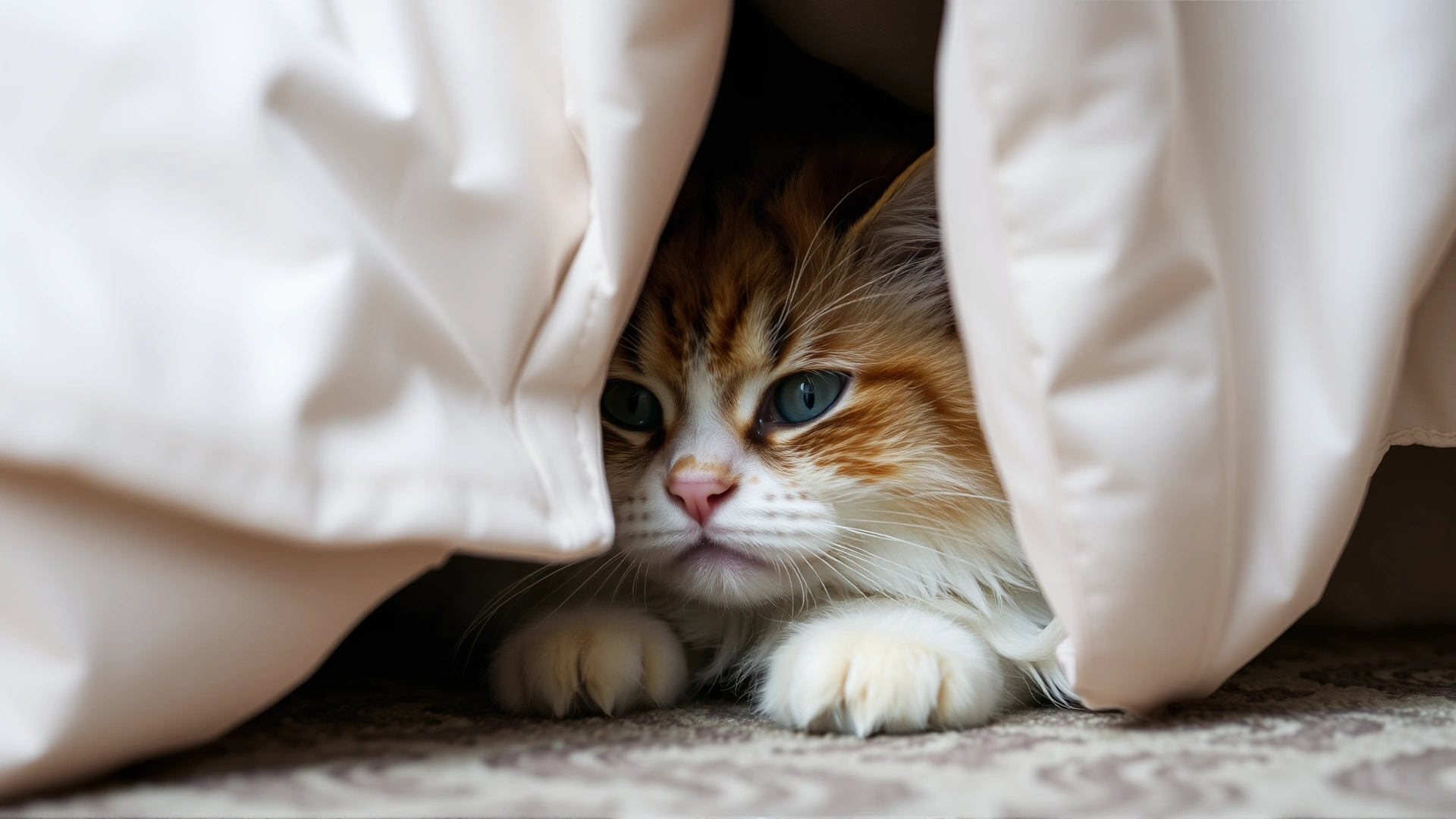A fluffy house cat partially hidden under a bed, with only its eyes visible, illustrating a common hiding behavior when in pain.