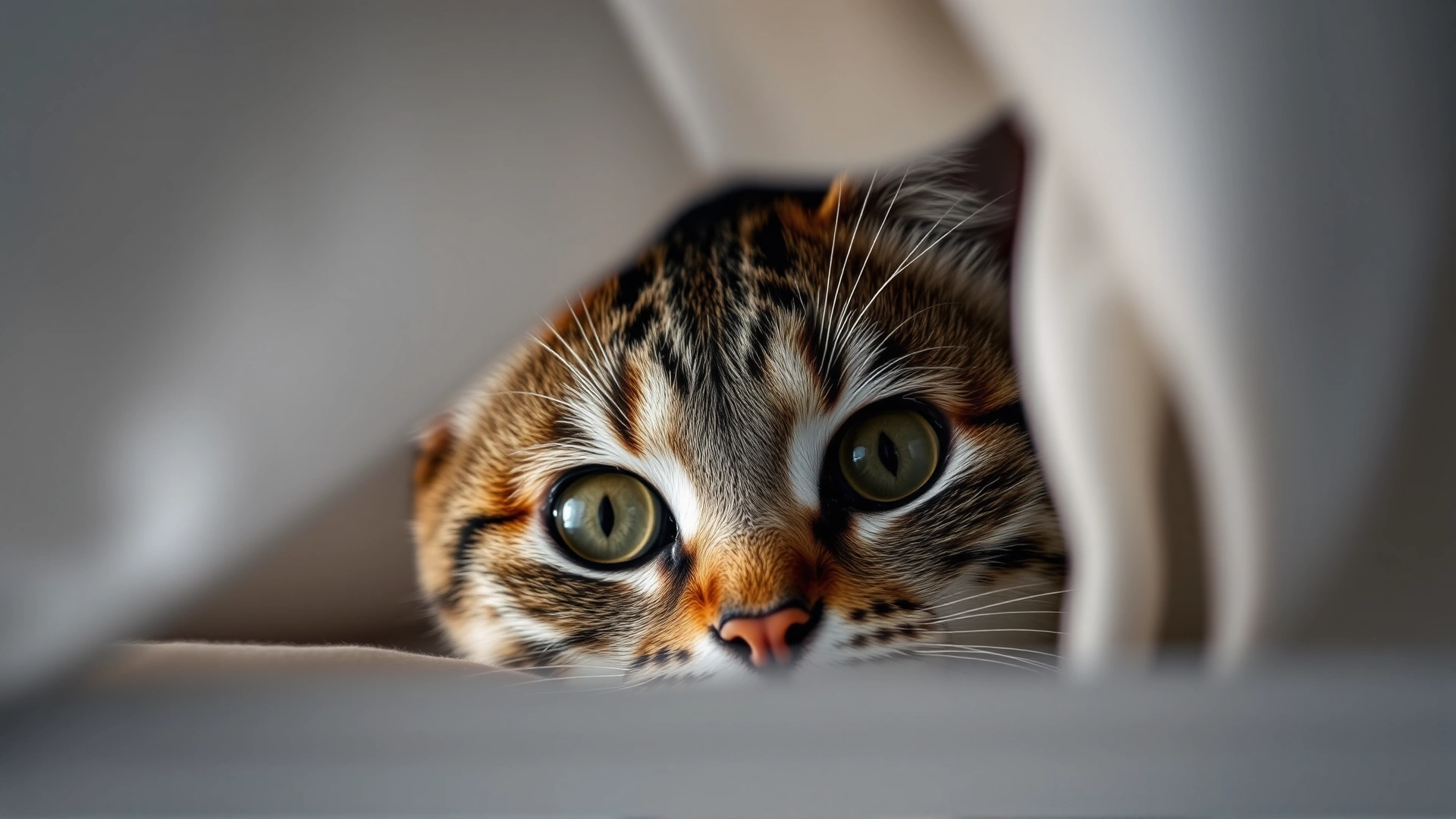 Close-up of a tabby cat hiding beneath a bed frame, only its wide eyes visible as it looks toward the camera.