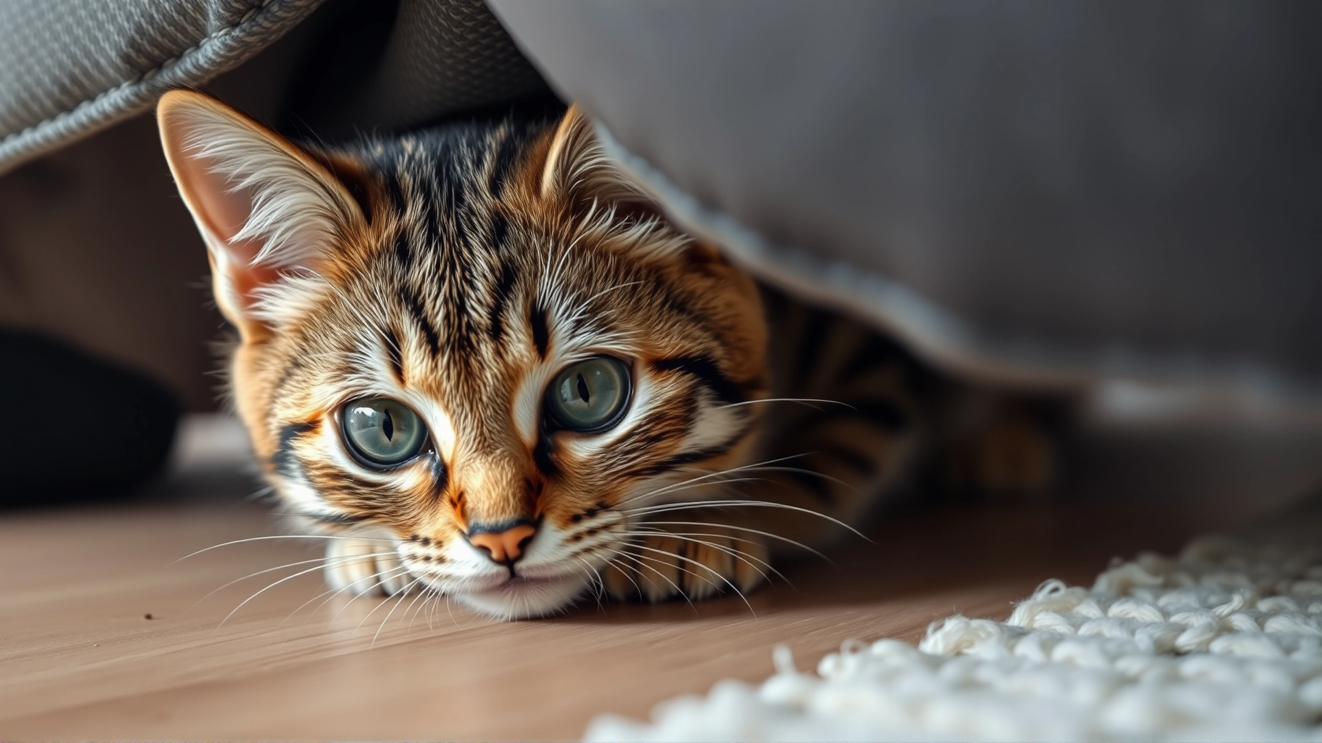 A timid tabby cat partially hidden under a sofa, eyes wide, showing fearful body language, indoor setting, high-resolution photo