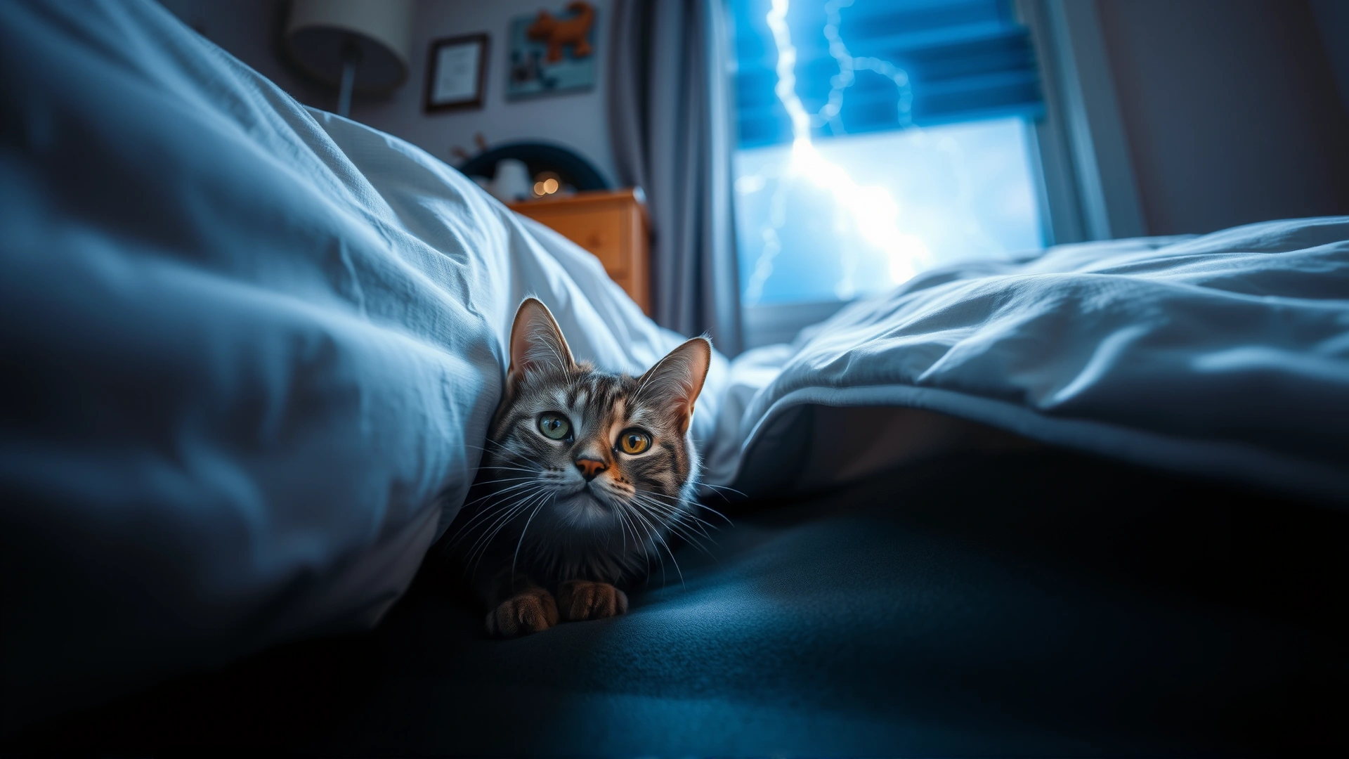 Cat hiding under a bed with ears flattened, blue lightning glow coming through a nearby window, cozy bedroom setting, realistic photo, no text