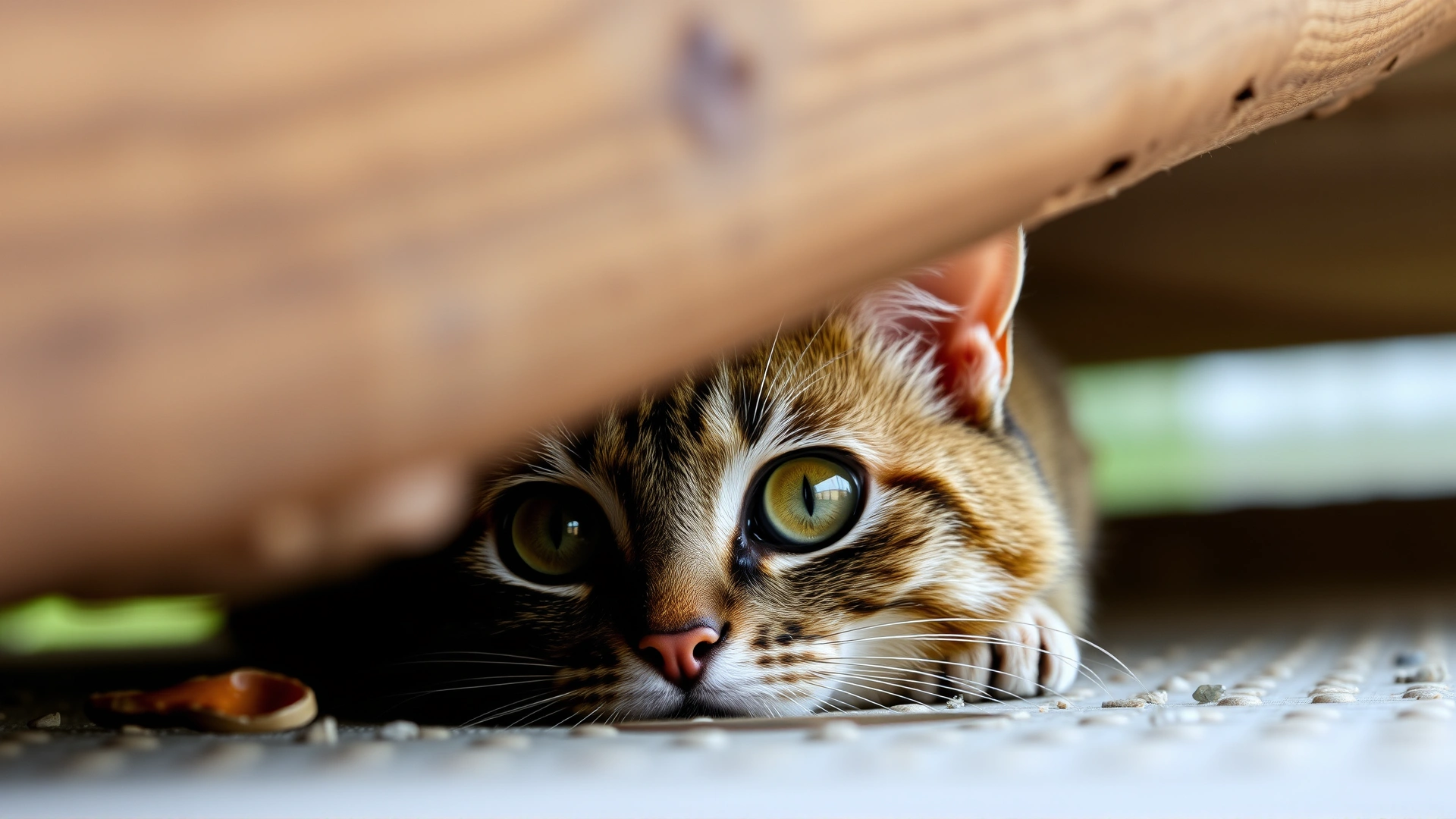 Close-up of a frightened cat hiding under a wooden porch with wide alert eyes, natural lighting