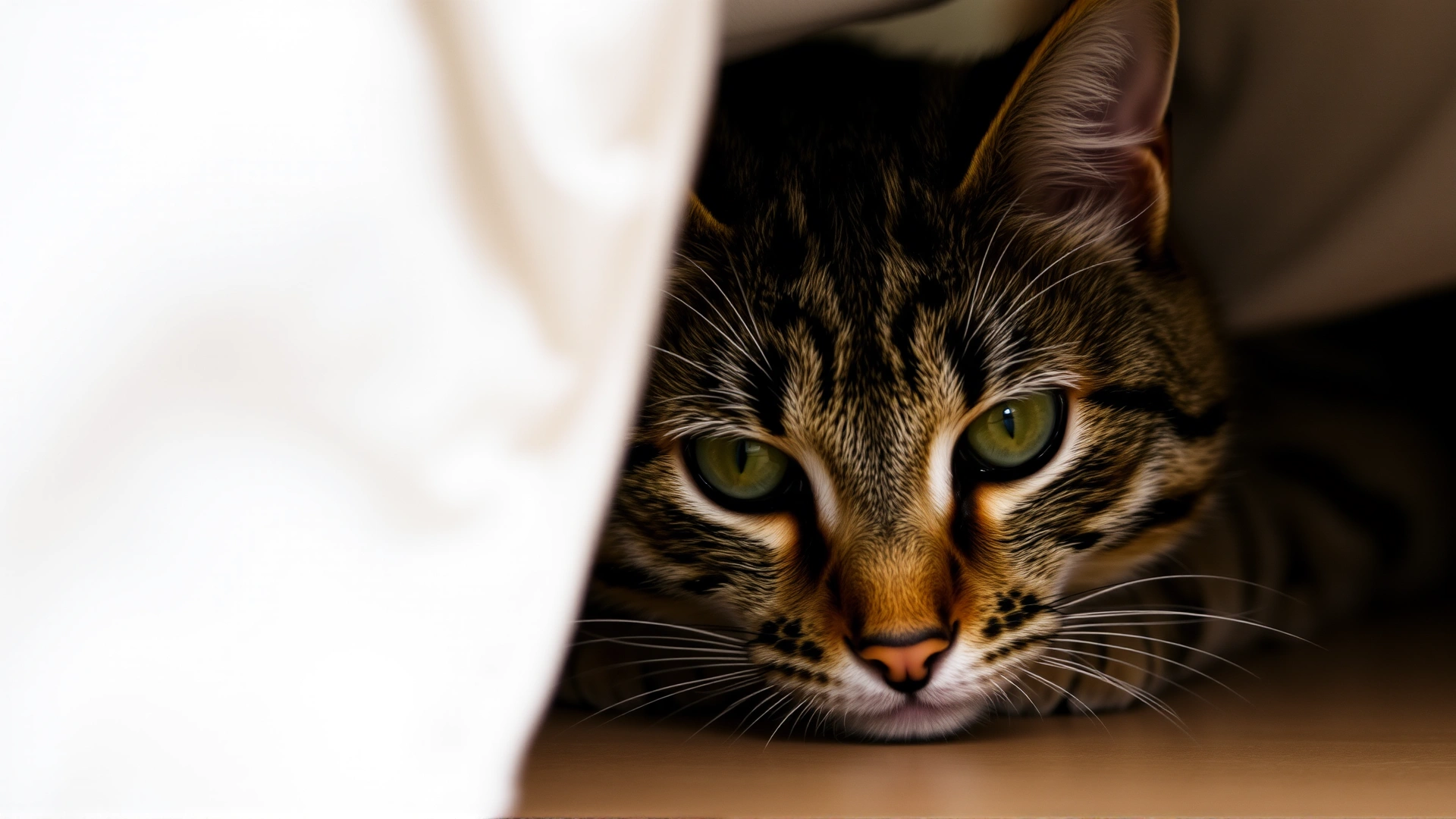 Tabby cat partially hidden under a bed, only its eyes visible, emphasizing avoidance behavior when anxious.