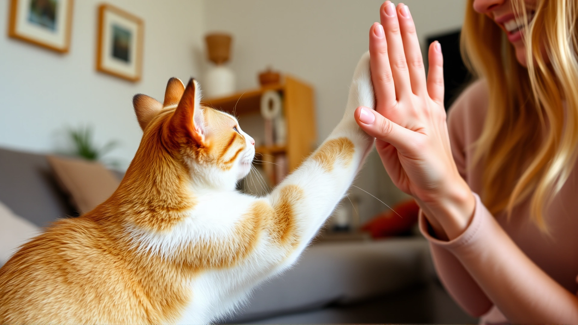 Domestic short-haired cat giving a high five to a woman in a cozy living room, captured mid-motion.
