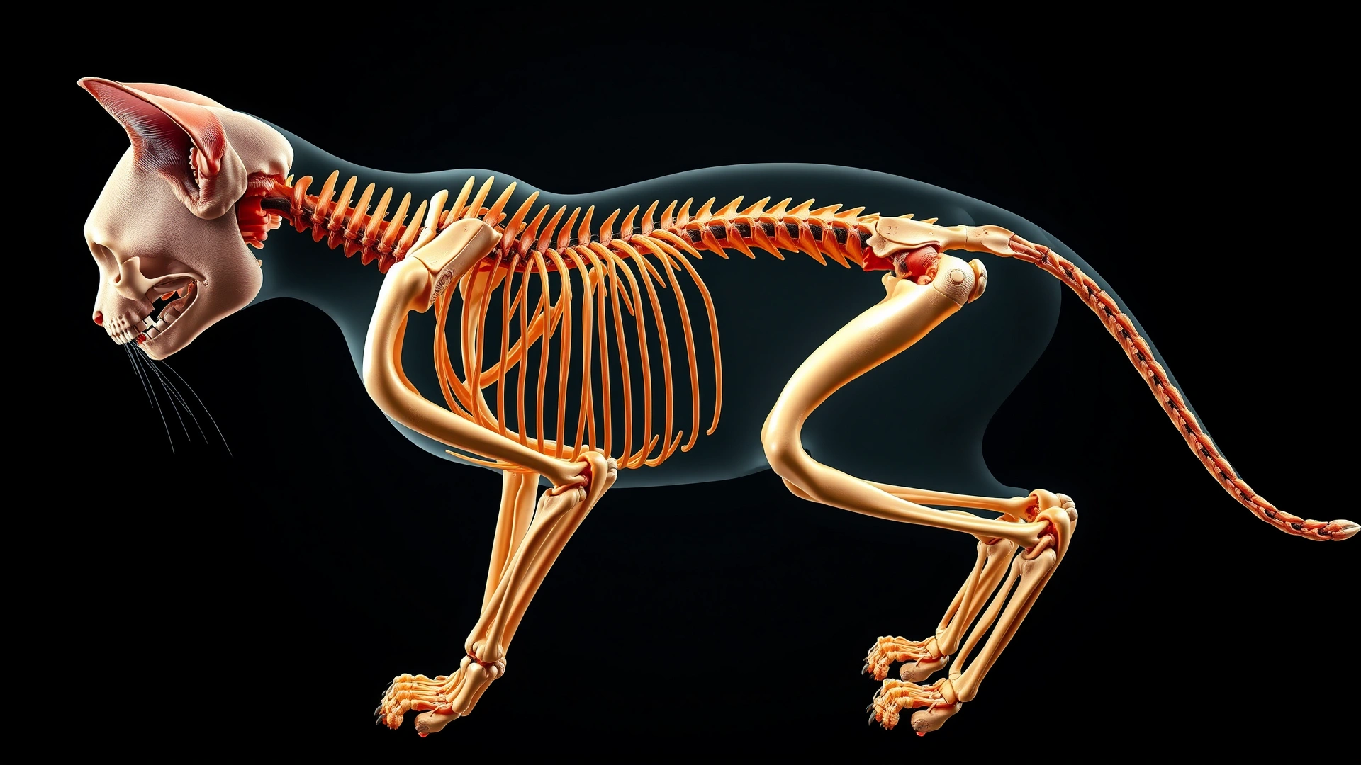 Colorful digital illustration showing the skeletal structure of a cat with focus on the hip joint anatomy, no text labels