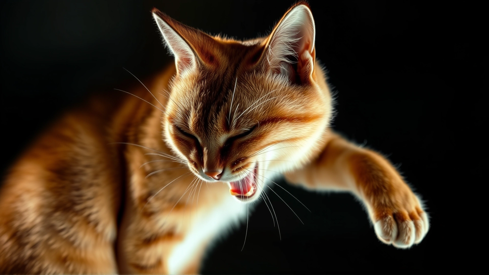 Frightened cat arching its back and hissing, ears pinned back, slightly dramatic lighting that highlights fur texture.