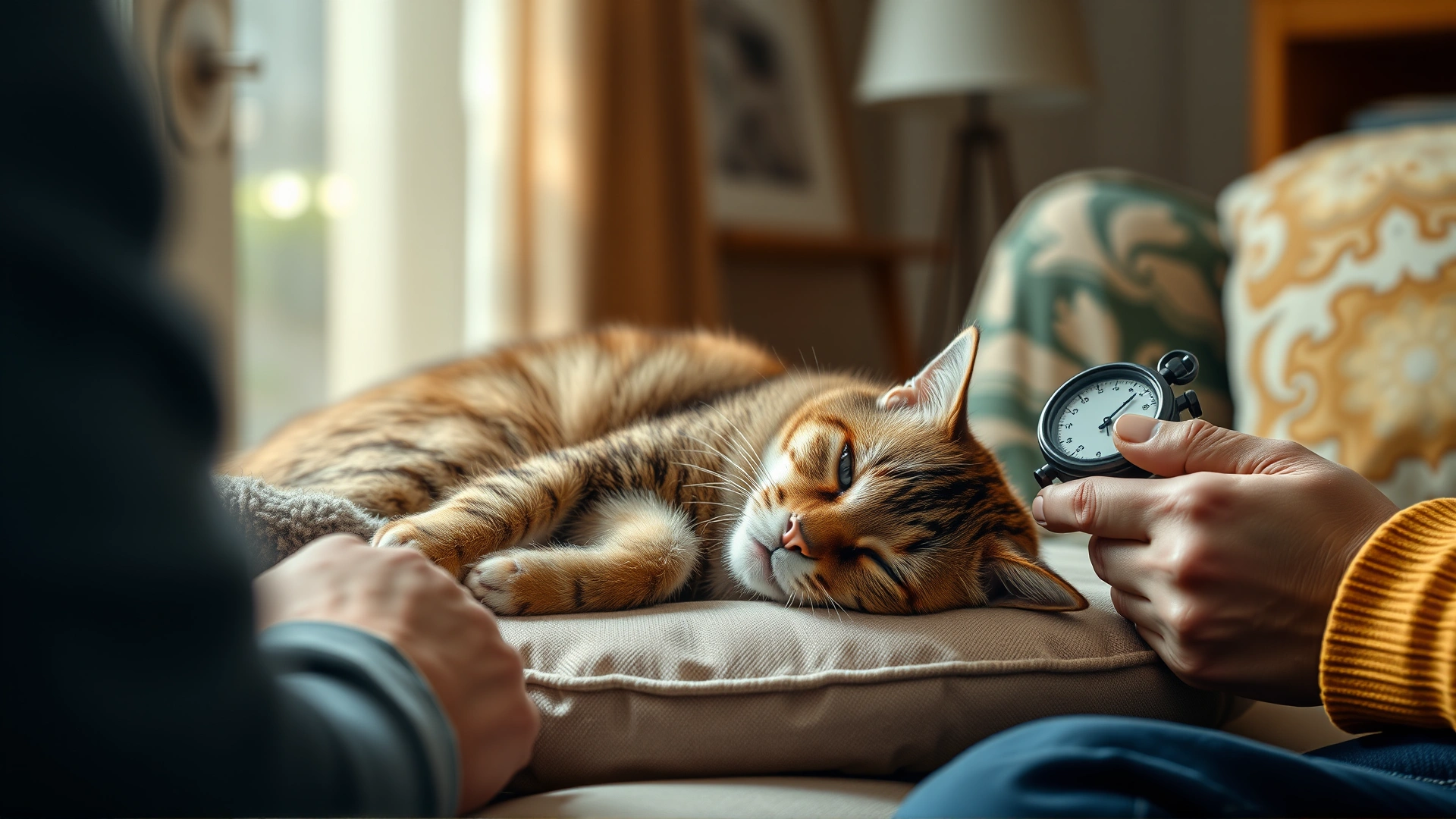 Cat resting comfortably on a cushion while an owner nearby uses a stopwatch to count the cat's breathing rate, cozy home environment, no text