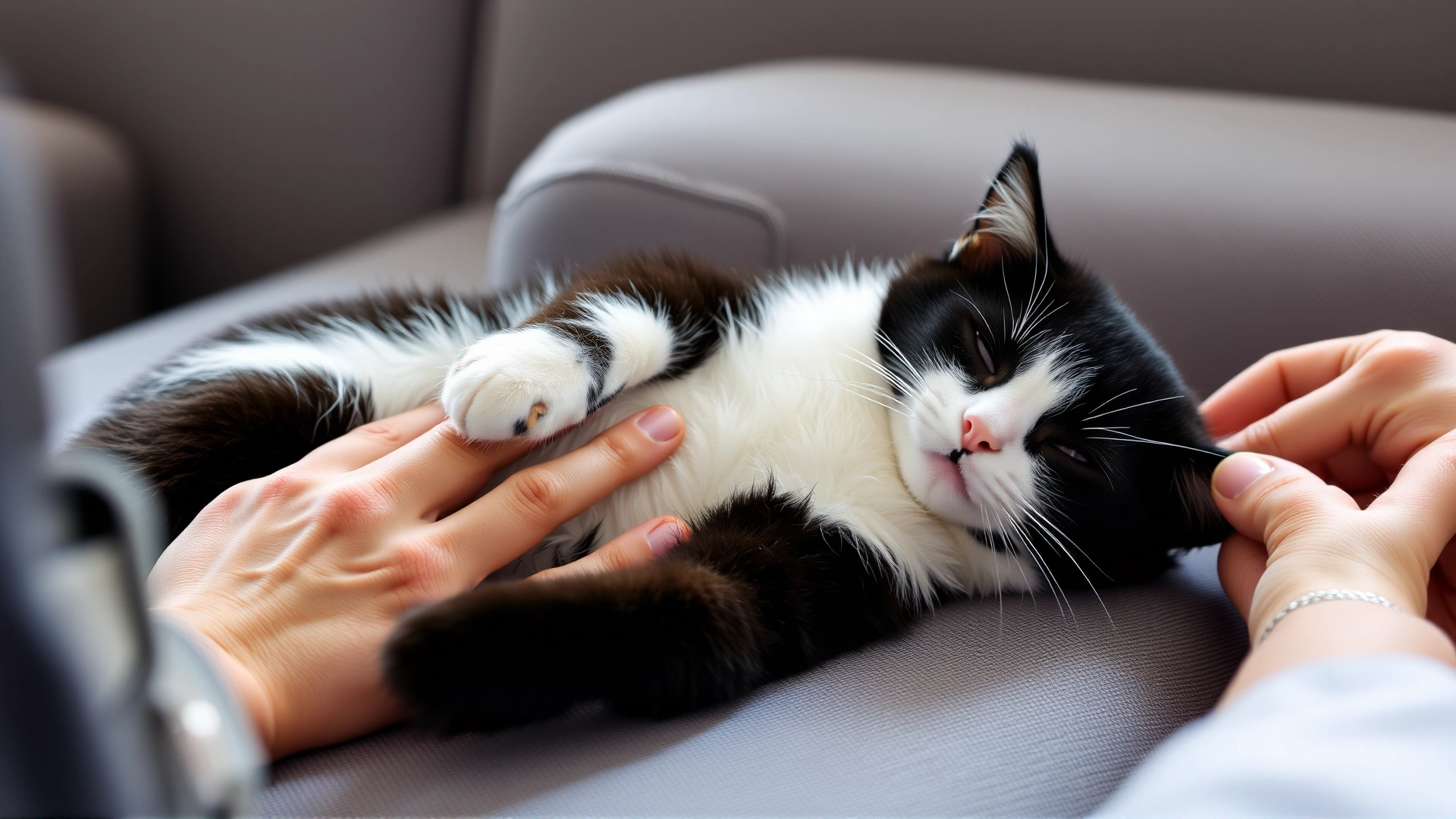 A relaxed tuxedo cat resting on a sofa with its owner gently petting it, representing at-home recovery and care.