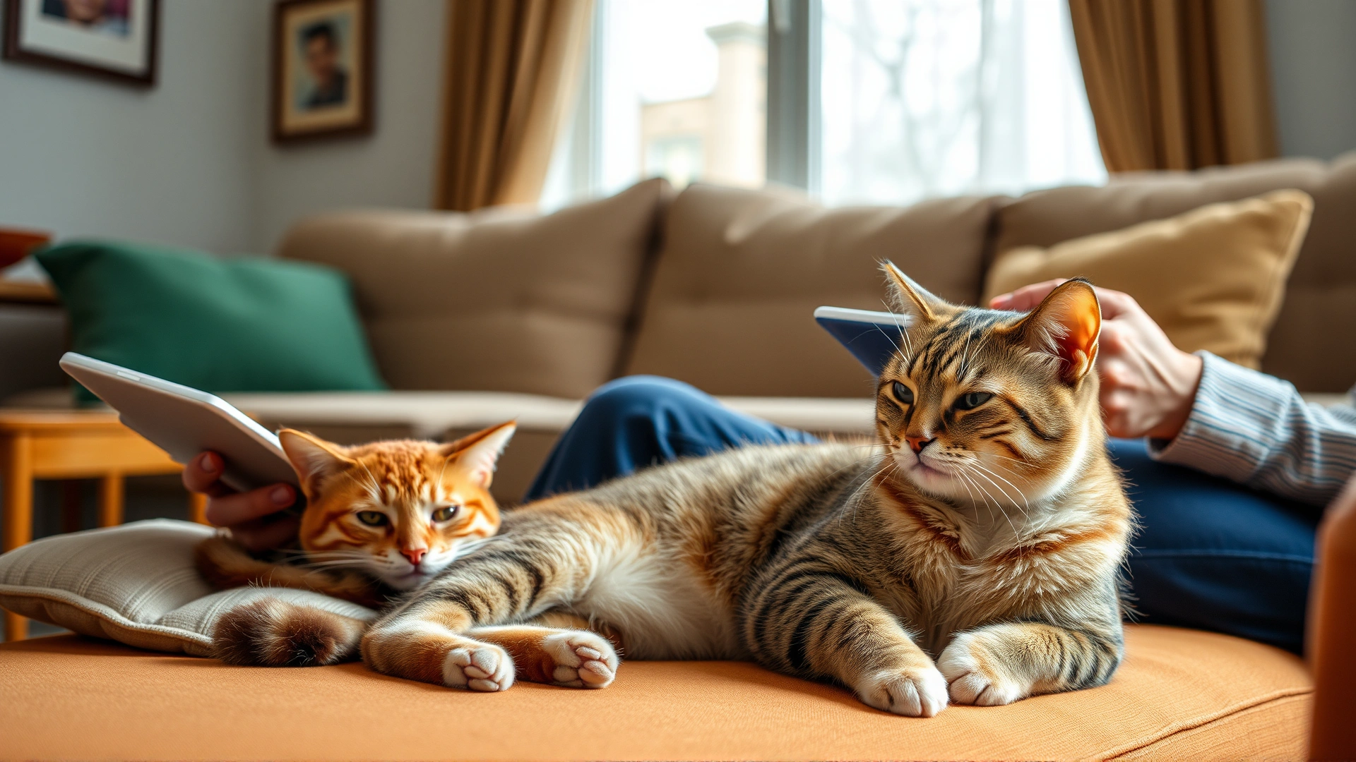 Warm living room scene with a relaxed cat resting on a cushion while its owner notes a medication schedule on a tablet.