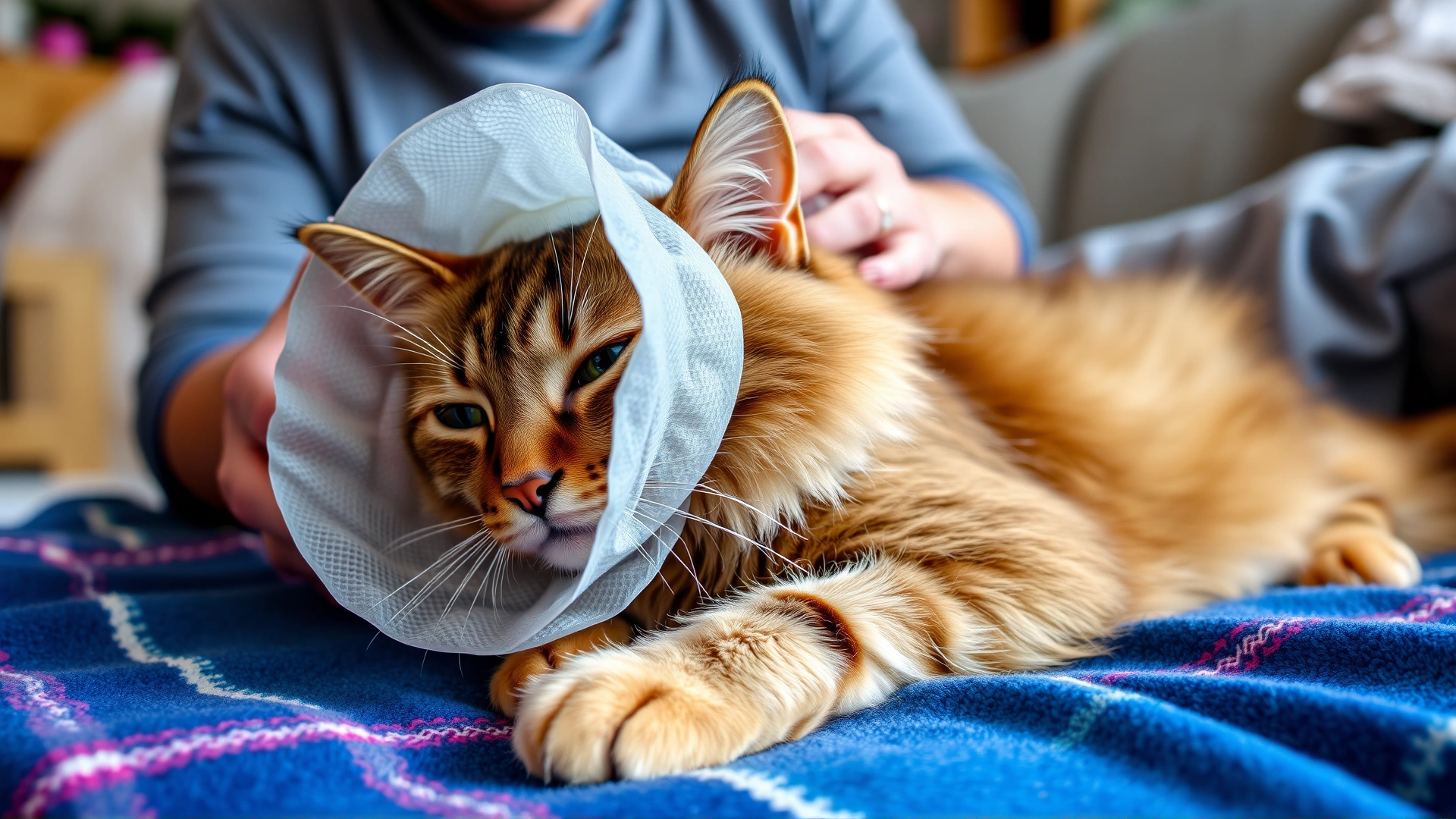Domestic cat wearing a soft recovery collar resting comfortably on a blanket at home, owner nearby offering gentle petting.