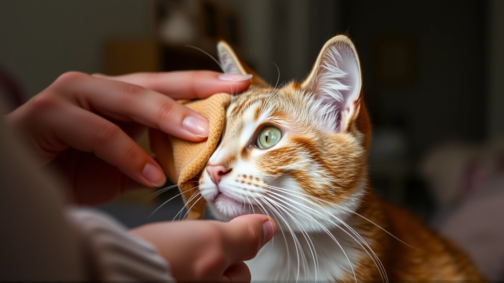 Cat owner gently wiping a cat's eye with a warm damp cloth at home, showing a calm and caring atmosphere