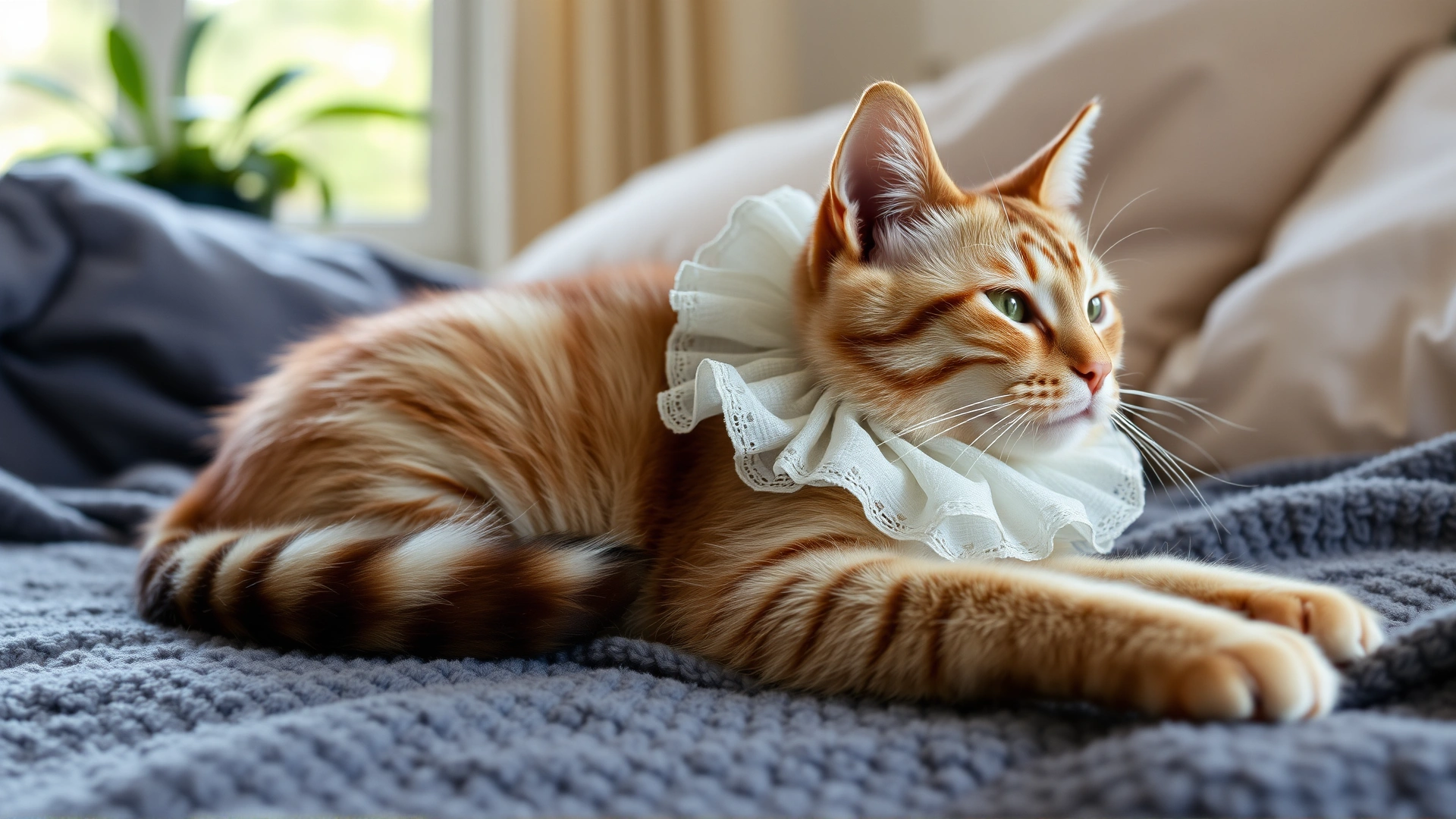 Photo of a relaxed domestic cat wearing a soft Elizabethan collar while resting on a cozy blanket at home, soft natural daylight.