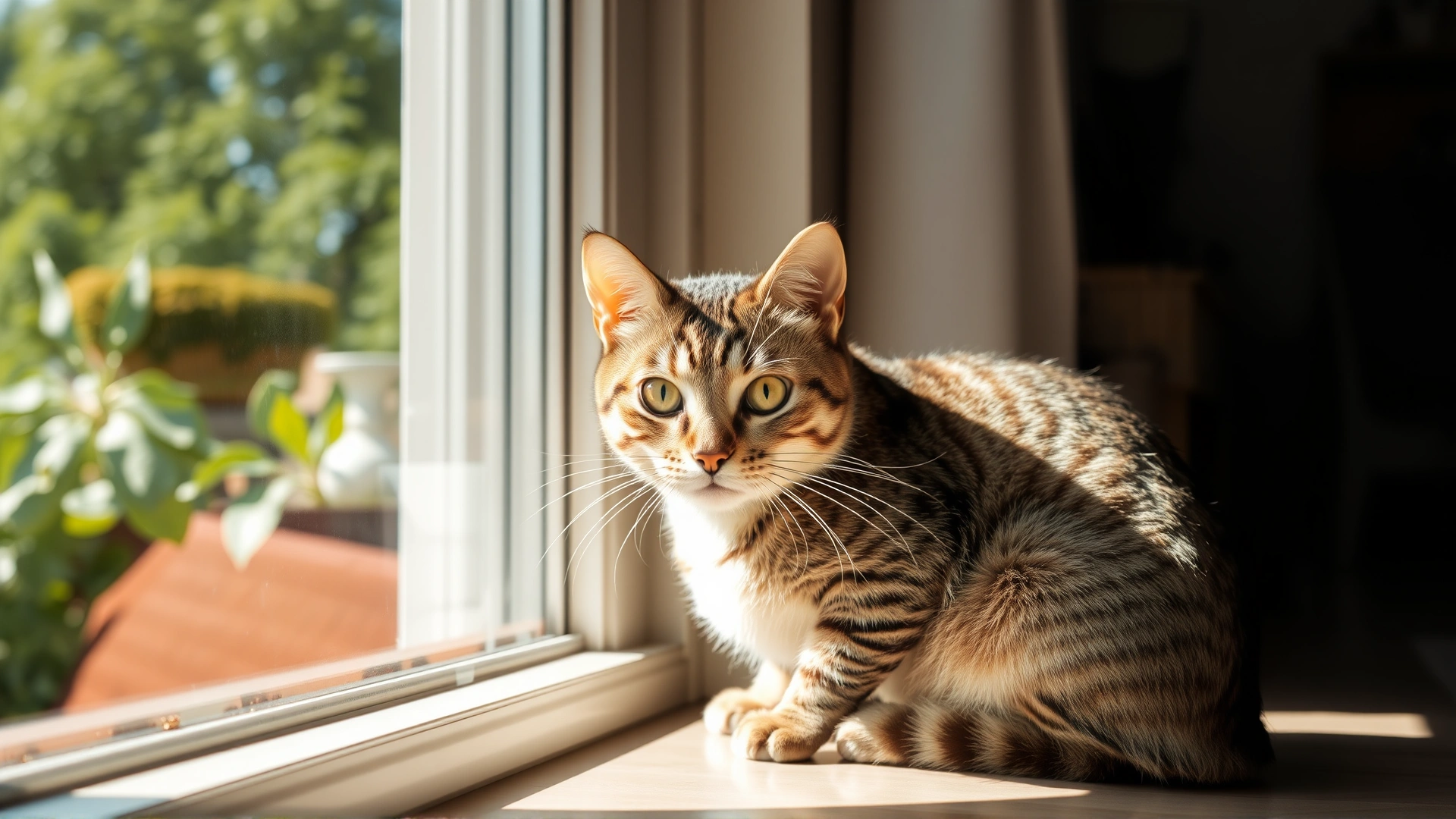 Calm indoor tabby cat sitting by a sunny window with greenery outside, cozy home environment, no text.