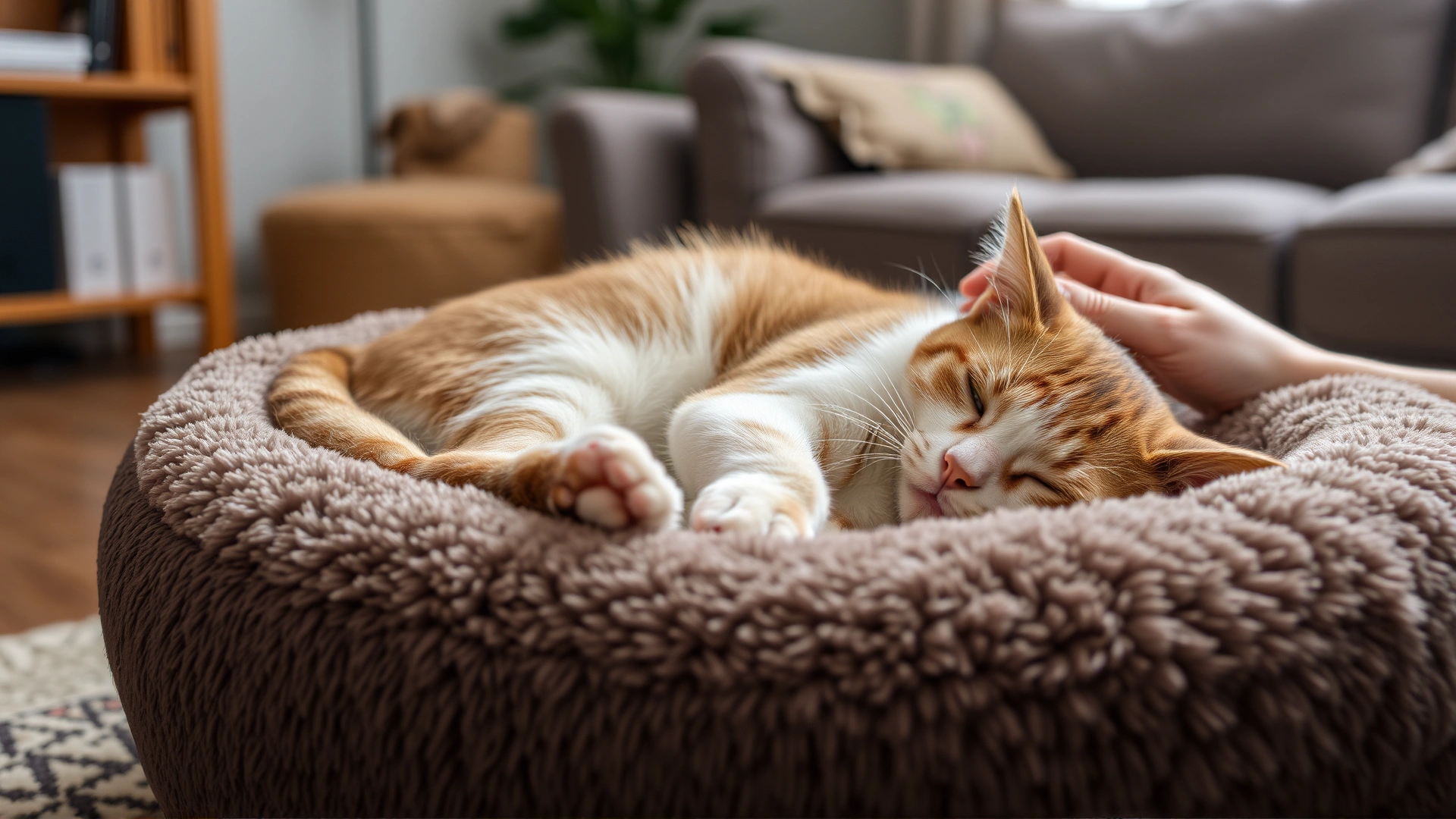 Domestic cat resting in a plush bed at home while an owner gently strokes its head, cozy living room environment, no text.