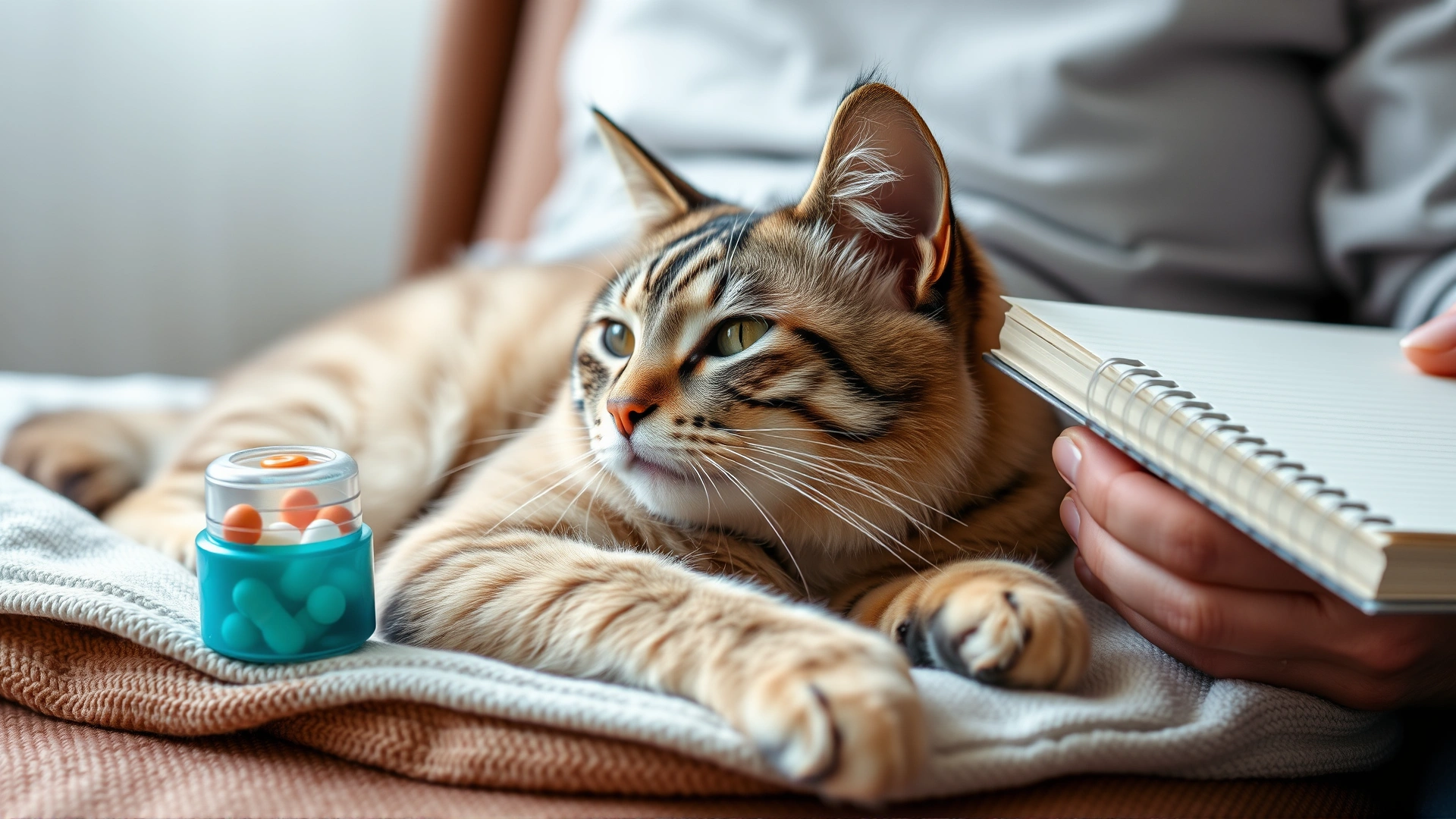 Relaxed cat lounging on a soft blanket while an owner holds a pill dispenser and a notebook, representing long-term home care and medication management.