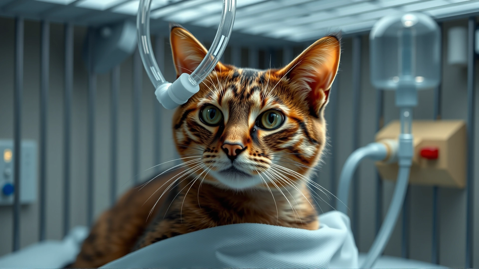 Domestic cat inside an oxygen therapy cage in a veterinary ICU, medical equipment visible but no text, low ambient lighting