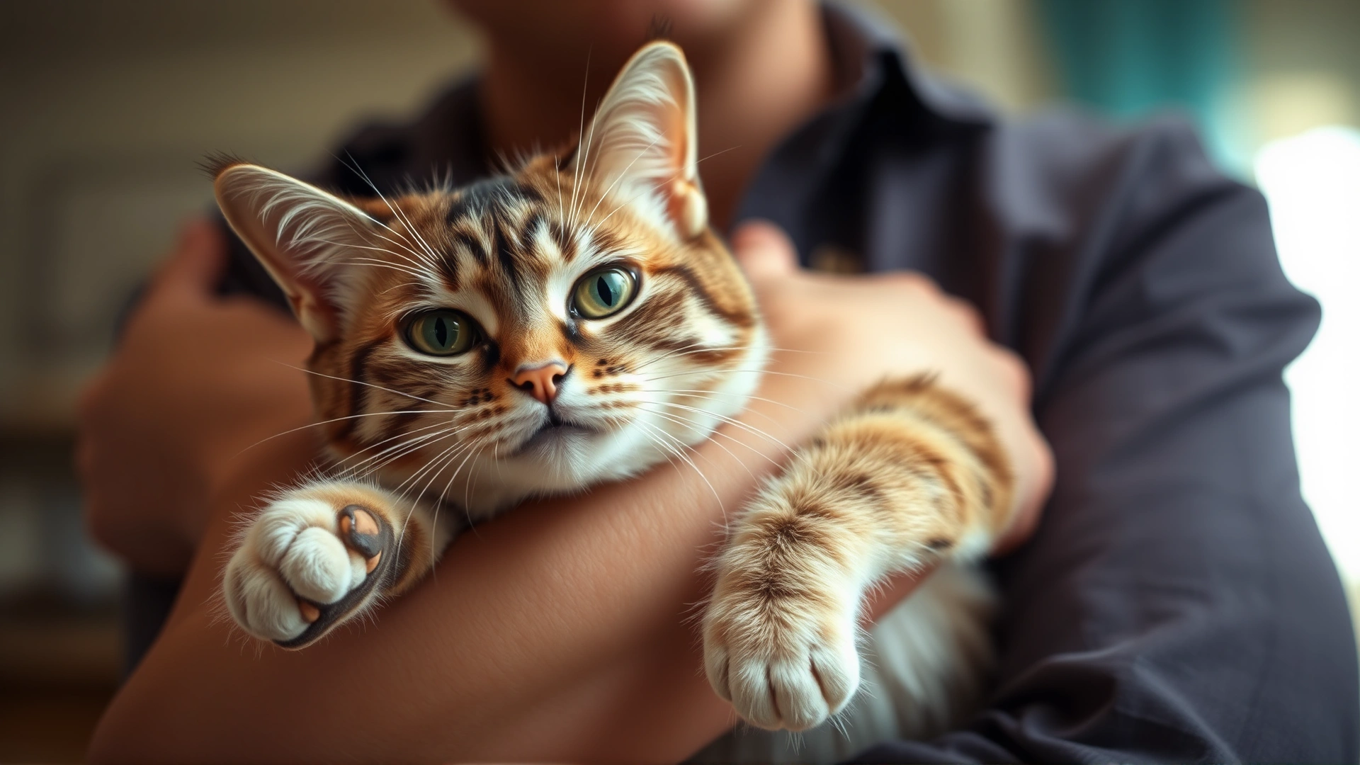 A domestic shorthair cat pushing away from a person’s arms with ears flattened and eyes wide, showing discomfort during an attempted hug, indoor setting