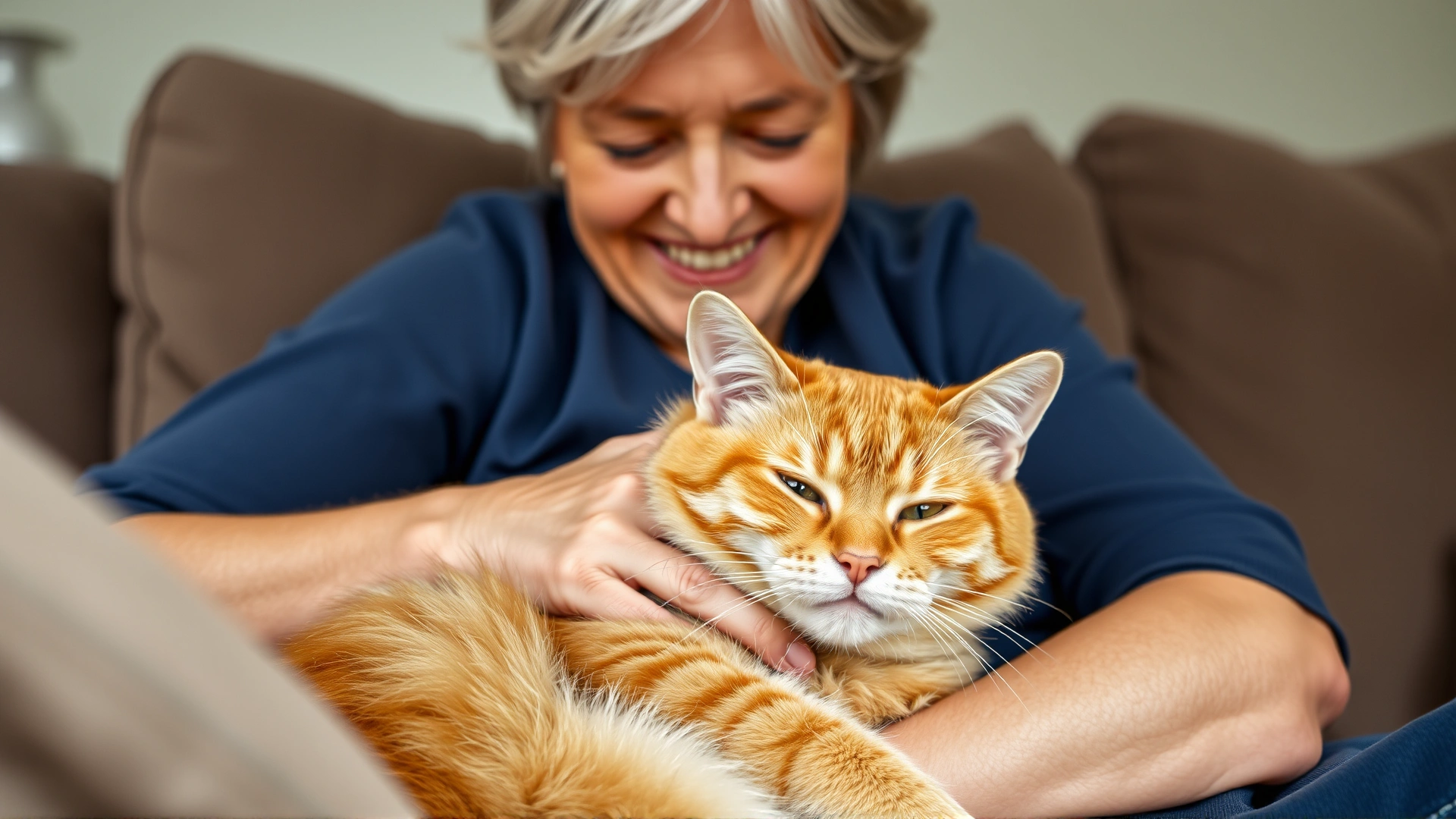 A happy middle-aged woman gently hugging a content orange tabby cat on a couch; both look relaxed and comfortable, natural daylight
