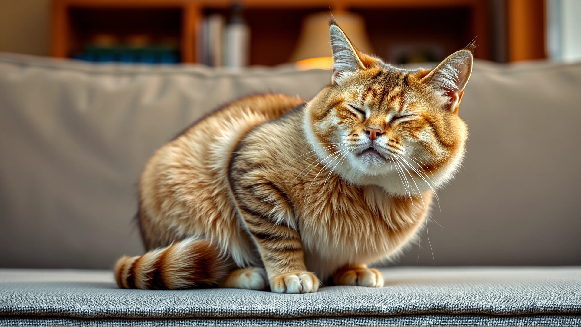 A domestic cat sitting in a hunched loaf position on a couch, eyes half-closed, indicating abdominal discomfort, warm indoor lighting