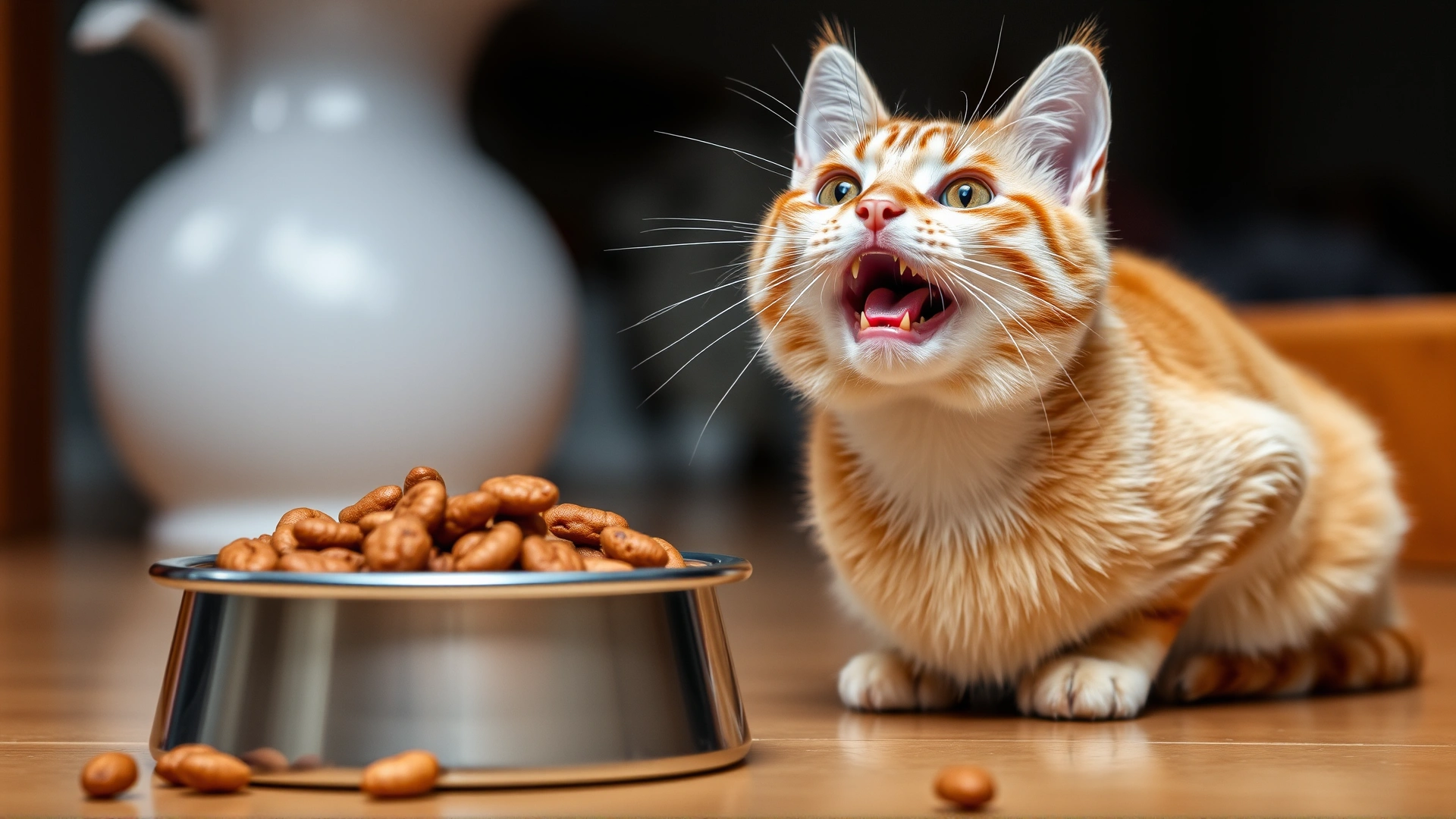 Hungry orange tabby cat sitting near a food bowl, looking up expectantly