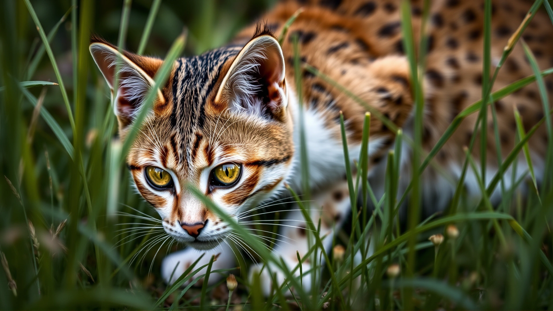 Cat crouching low in tall grass with focused eyes, portraying natural hunting instincts.