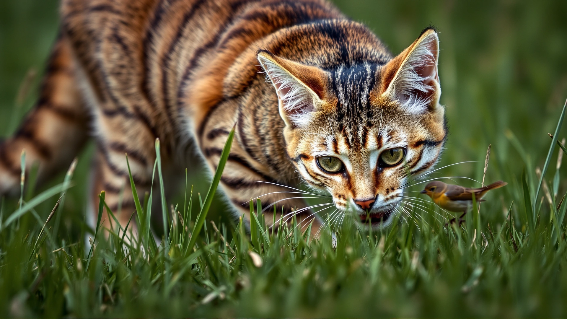 Outdoor photo of a domestic cat stalking a small bird in tall grass, capturing natural hunting behavior.
