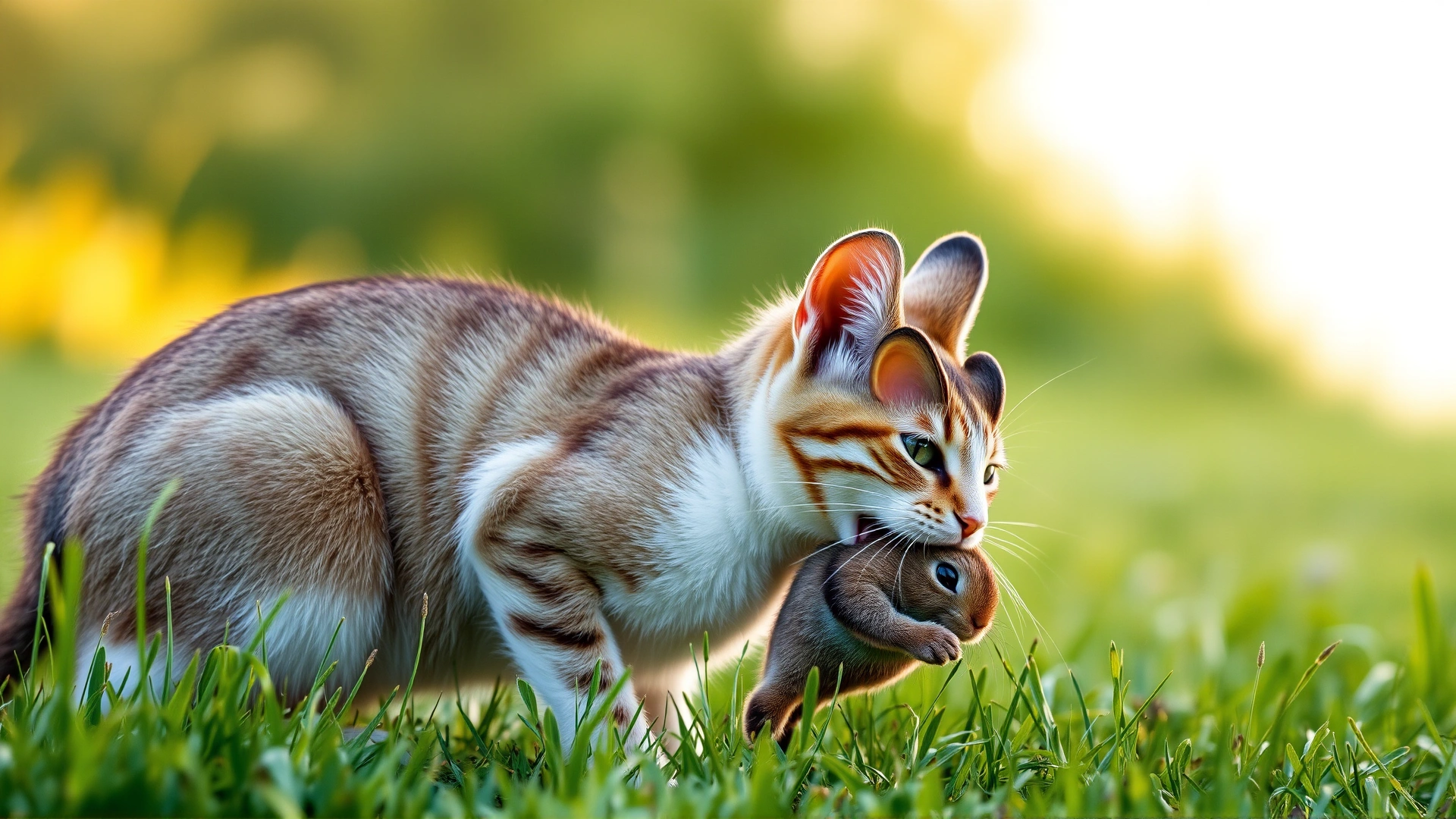A domestic cat in a grassy field crouched with a rabbit in its mouth at golden hour, illustrating hunting behavior that can lead to tularemia infection.