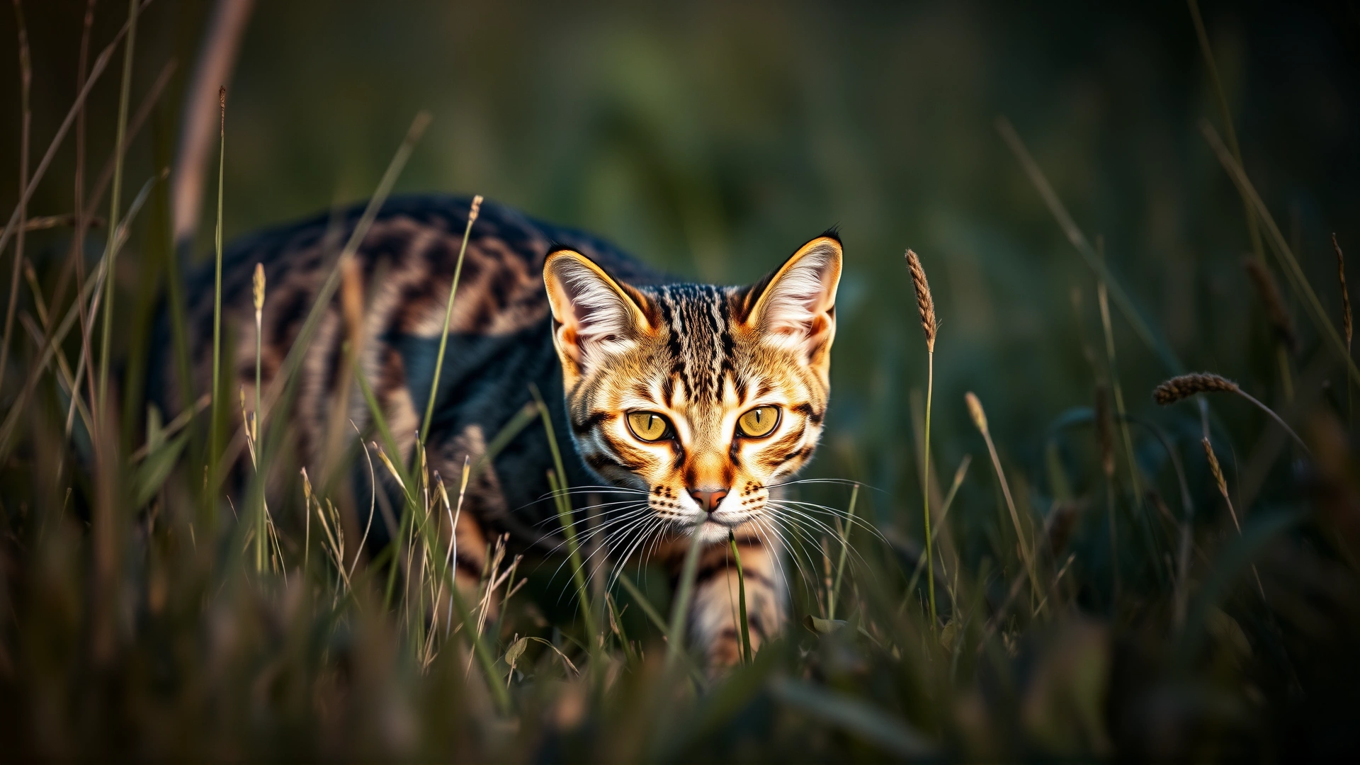 A focused tabby cat stalking through tall grass, ready to pounce on invisible prey, early morning light, cinematic look.