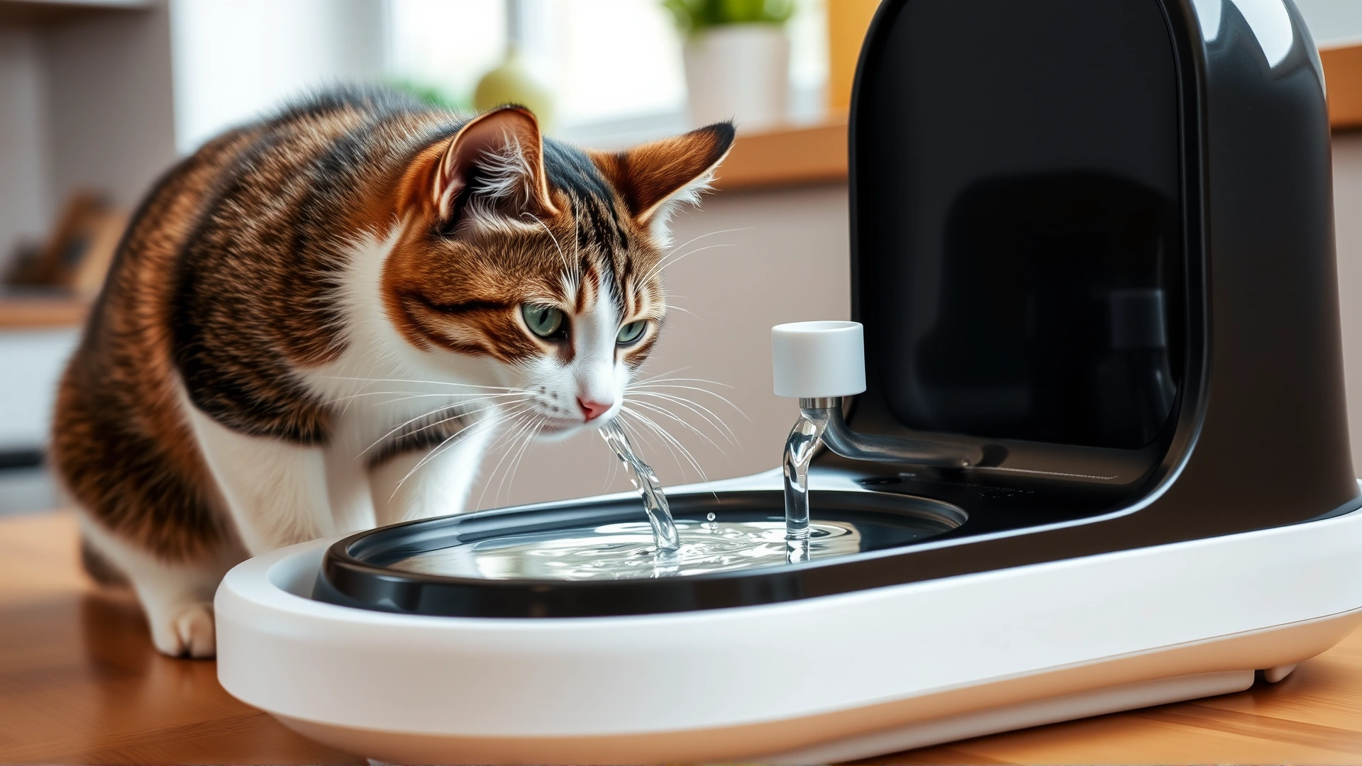 Cat drinking fresh water from a modern pet water fountain in a kitchen setting.