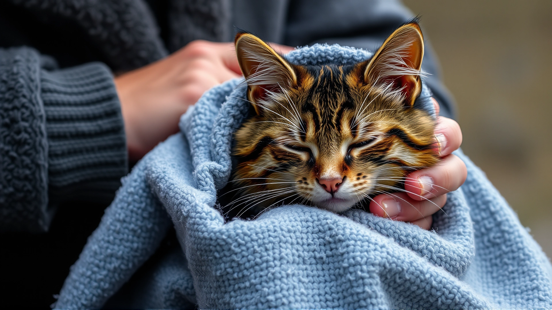 Wet shivering cat wrapped in a soft towel while an owner gently dries it, illustrating early warming measures.