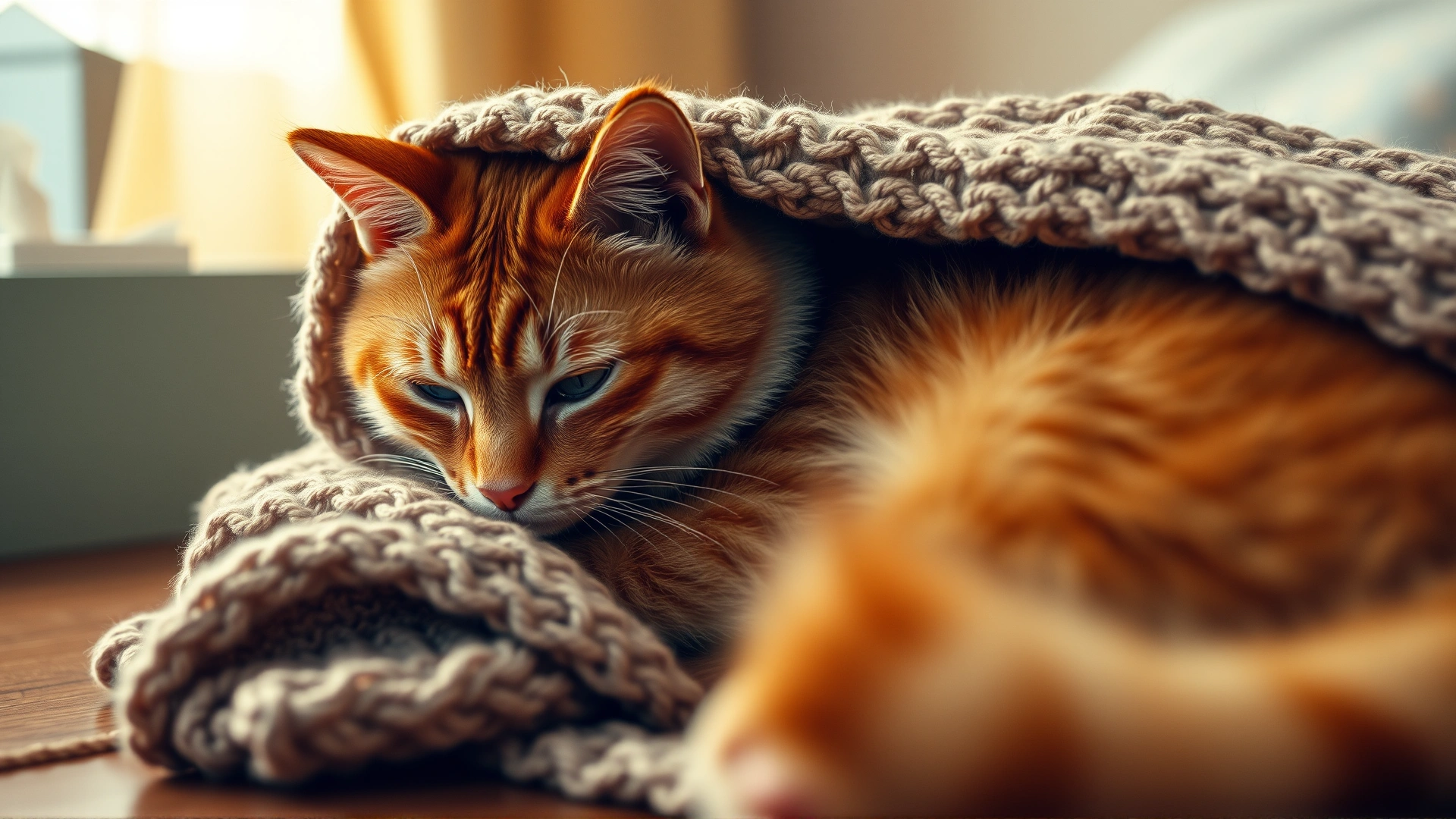 A cozy indoor scene of a ginger cat lying under a knitted blanket looking tired, with a tissue box nearby, soft warm tones.